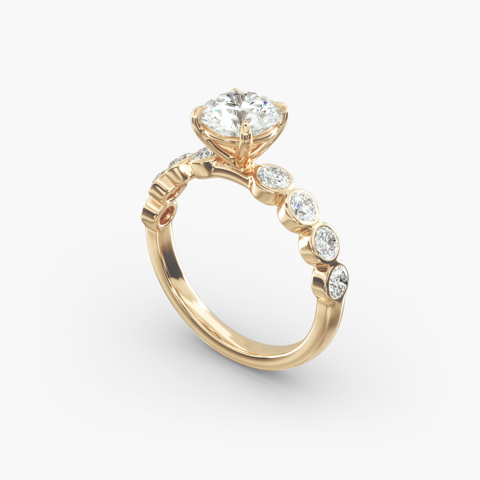 Bezel Set Round Side Stone Diamond Engagement Ring In 14K Yellow