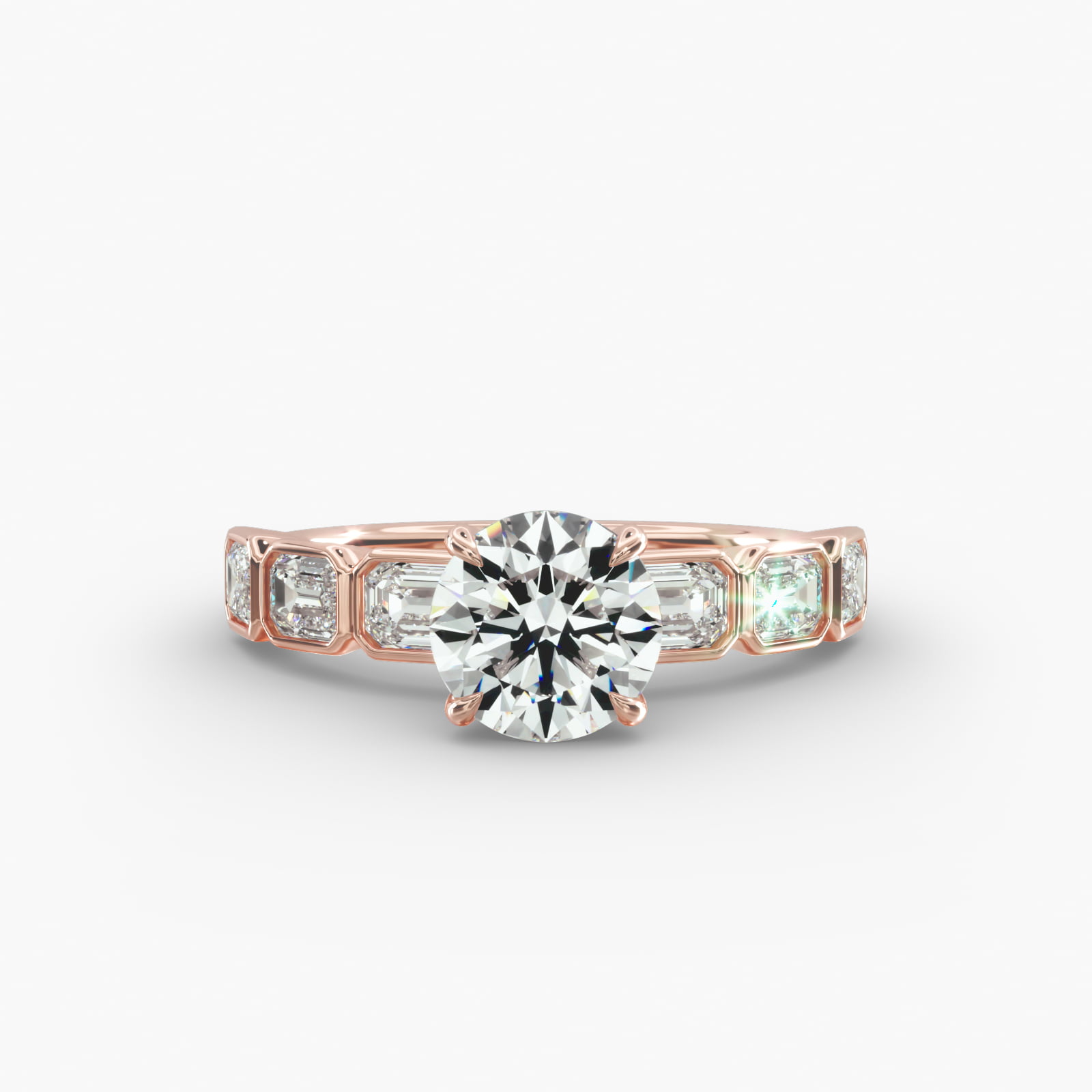 Bezel Set Emerald Cut Side Stone Diamond Engagement Ring In 14K Rose Gold