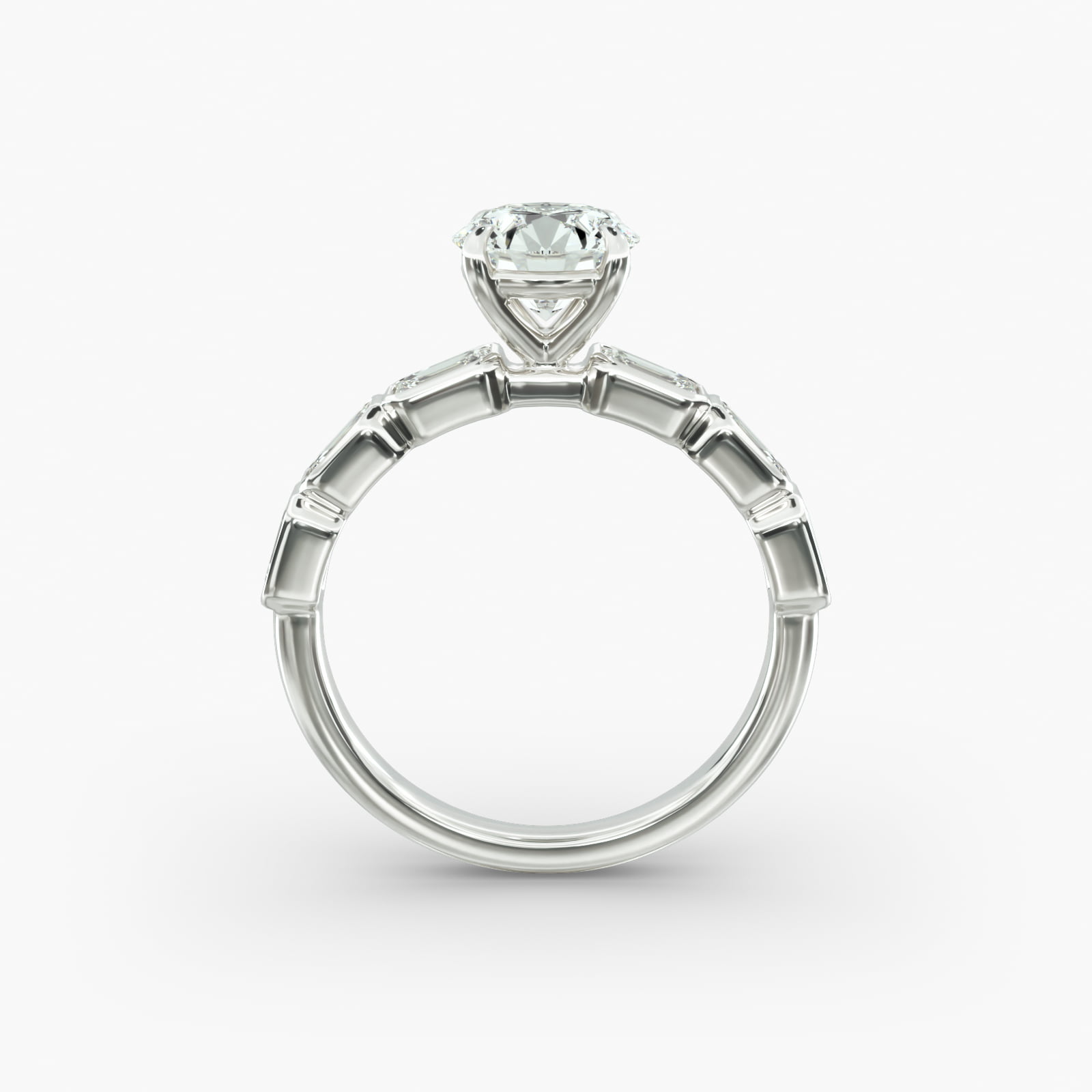 Bezel Set Emerald Cut Side Stone Diamond Engagement Ring In 14K White Gold