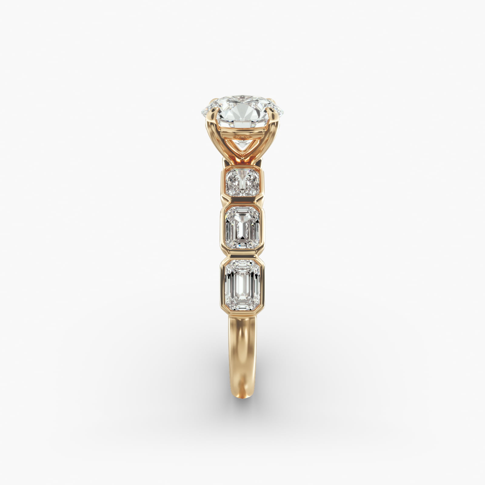 Bezel Set Emerald Cut Side Stone Diamond Engagement Ring In 18K Yellow Gold