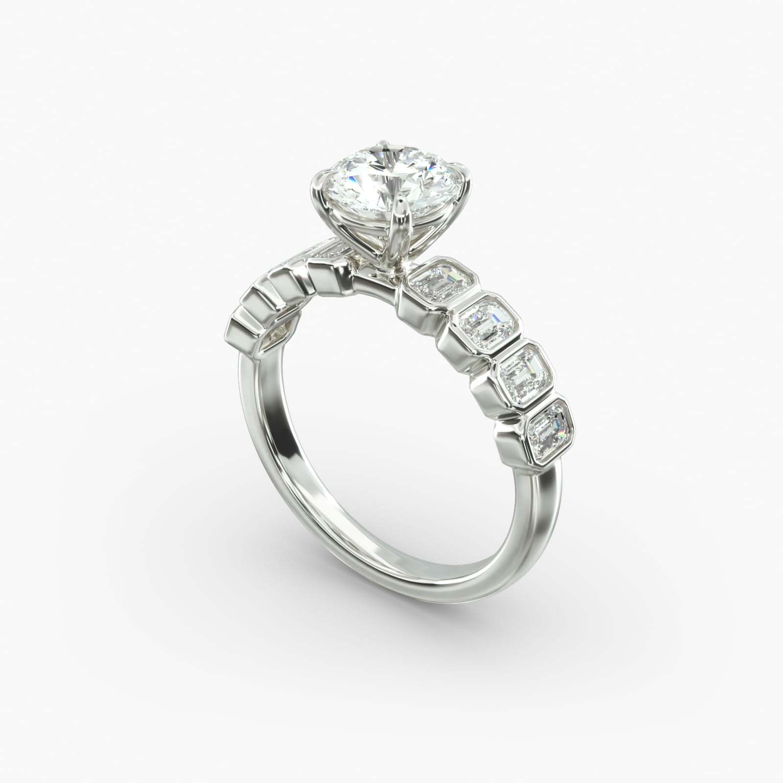 Bezel Set Emerald Cut Side Stone Diamond Engagement Ring In 14K