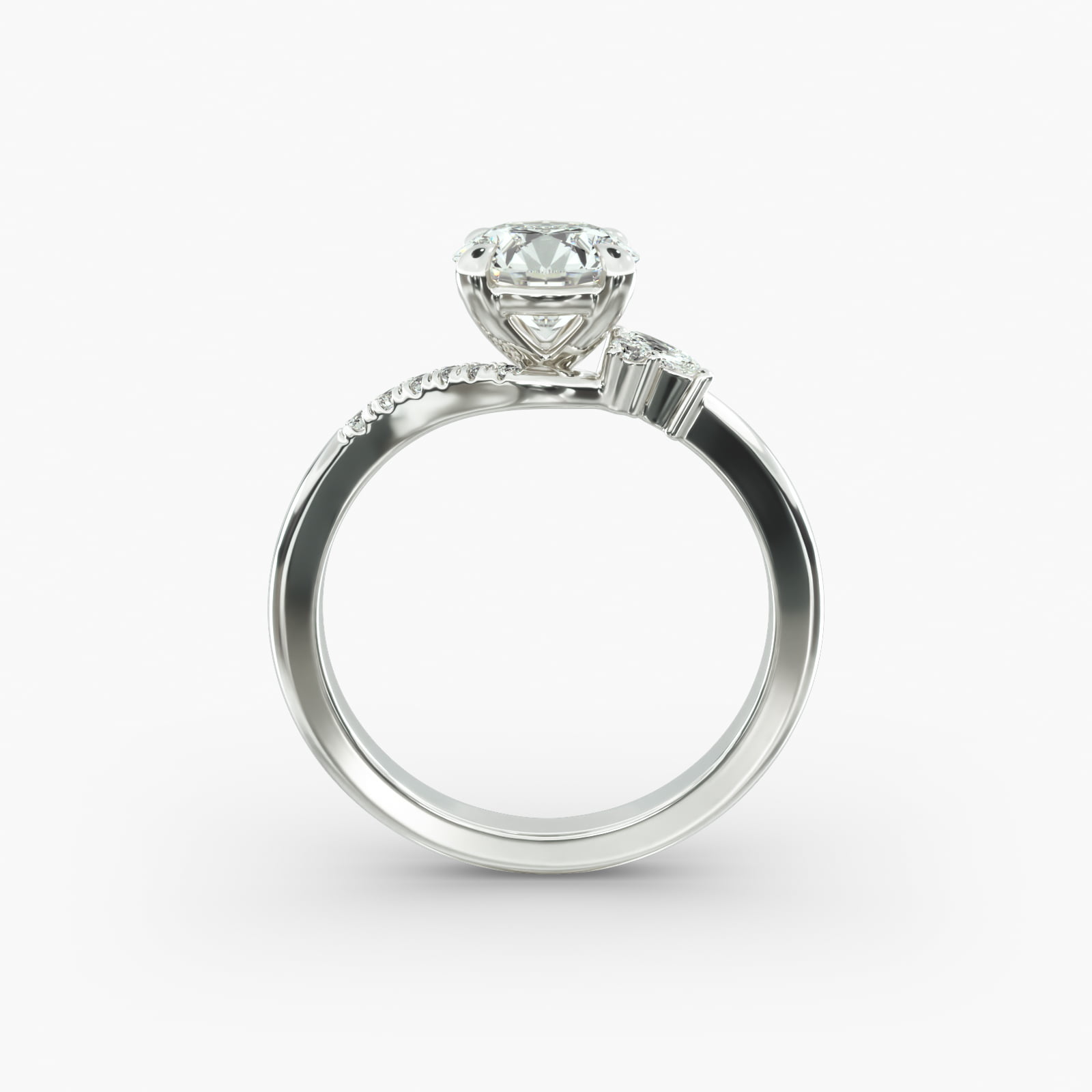 Marquise and Round Diamond Wave Pavé Engagement Ring In 14K White Gold