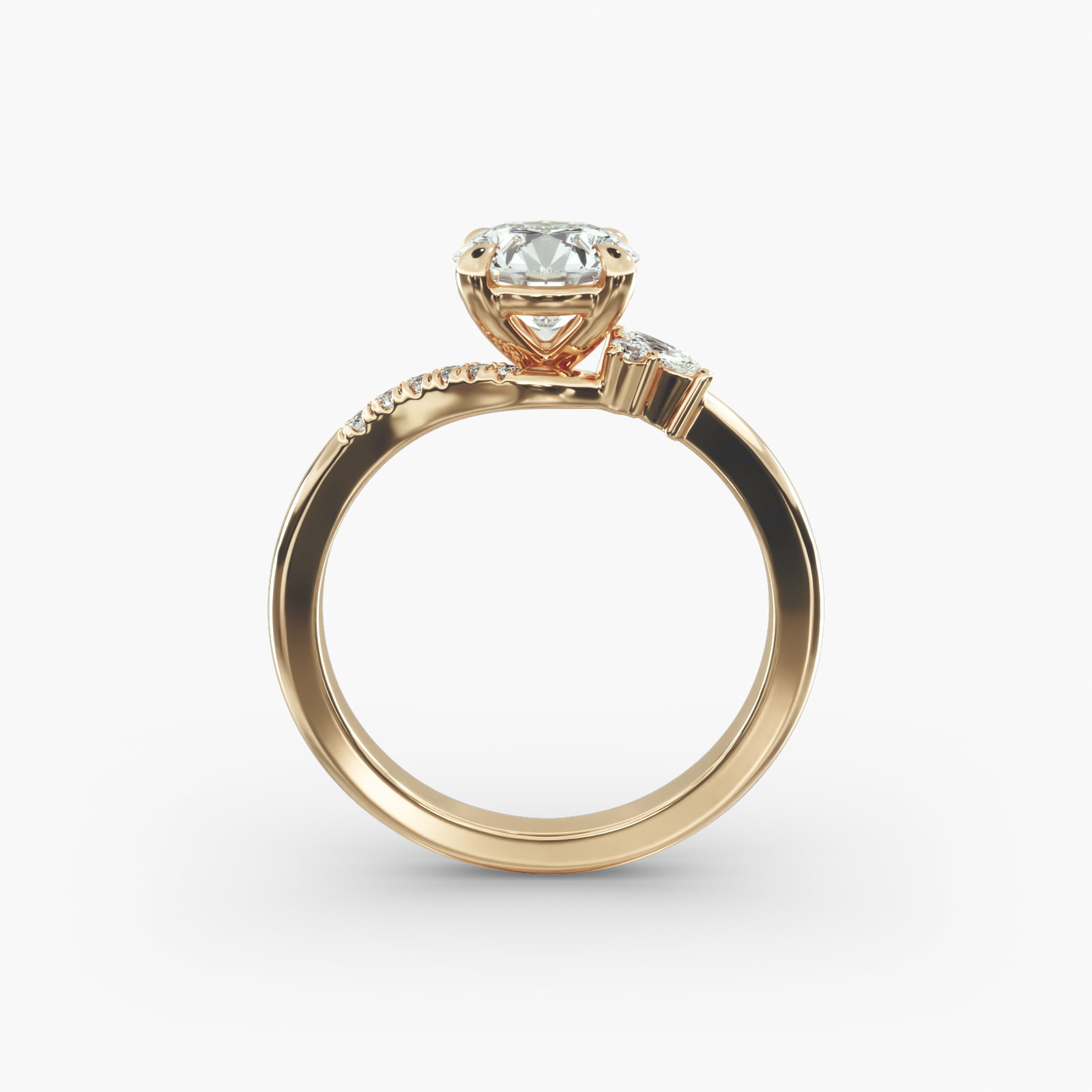 Marquise and Round Diamond Wave Pavé Engagement Ring In 14K Yellow Gold