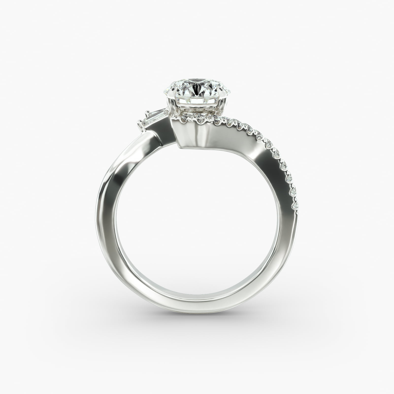 Feathered Diamond Bypass Side Stone Engagement Ring In 14K White Gold