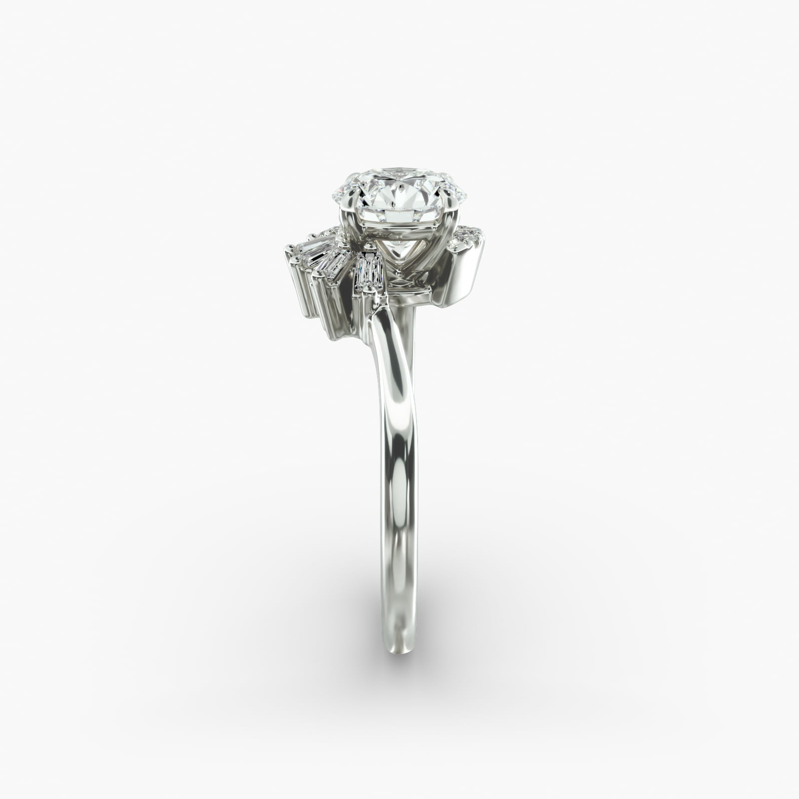 Feathered Diamond Bypass Side Stone Engagement Ring In 14K White Gold