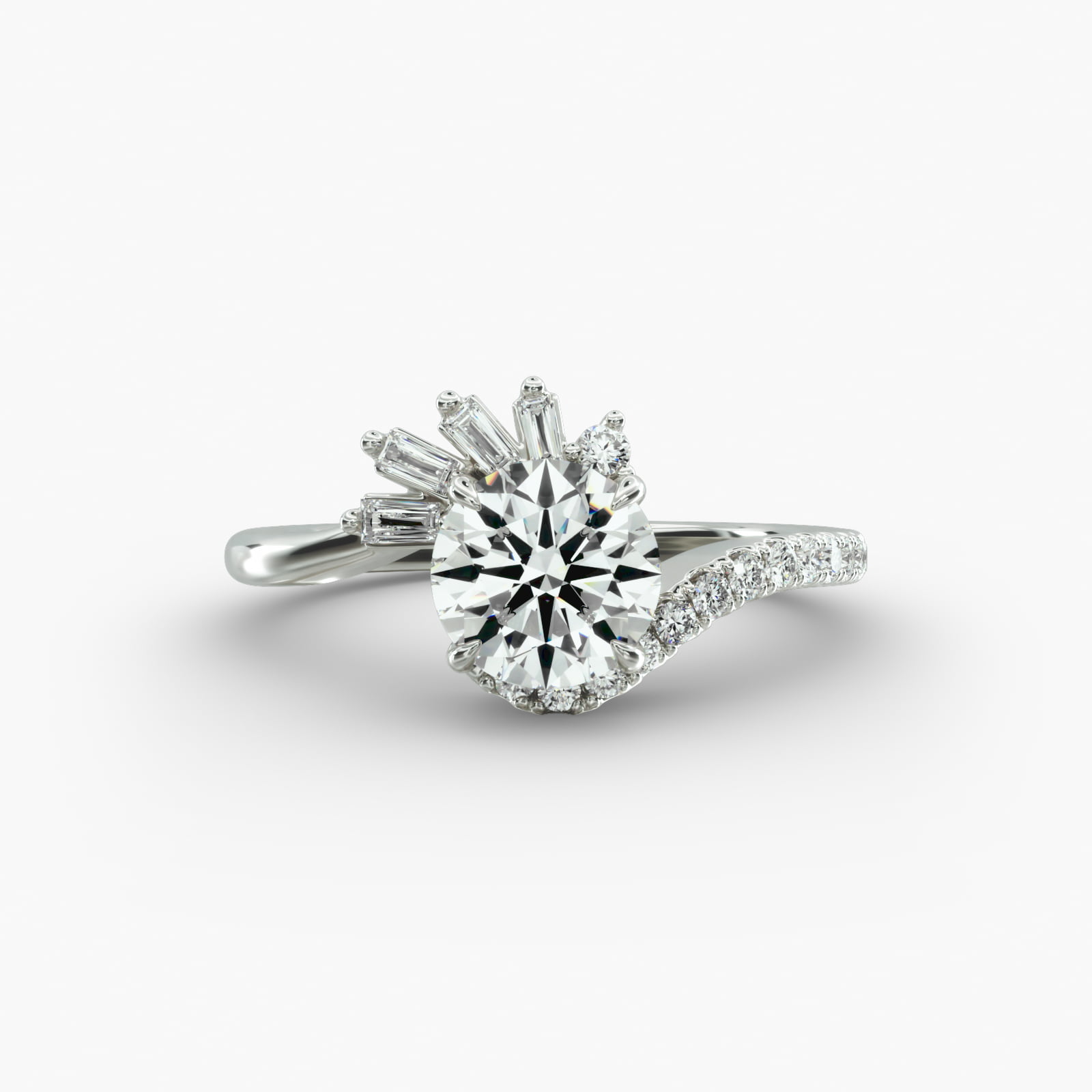 Feathered Diamond Bypass Side Stone Engagement Ring In 14K White Gold