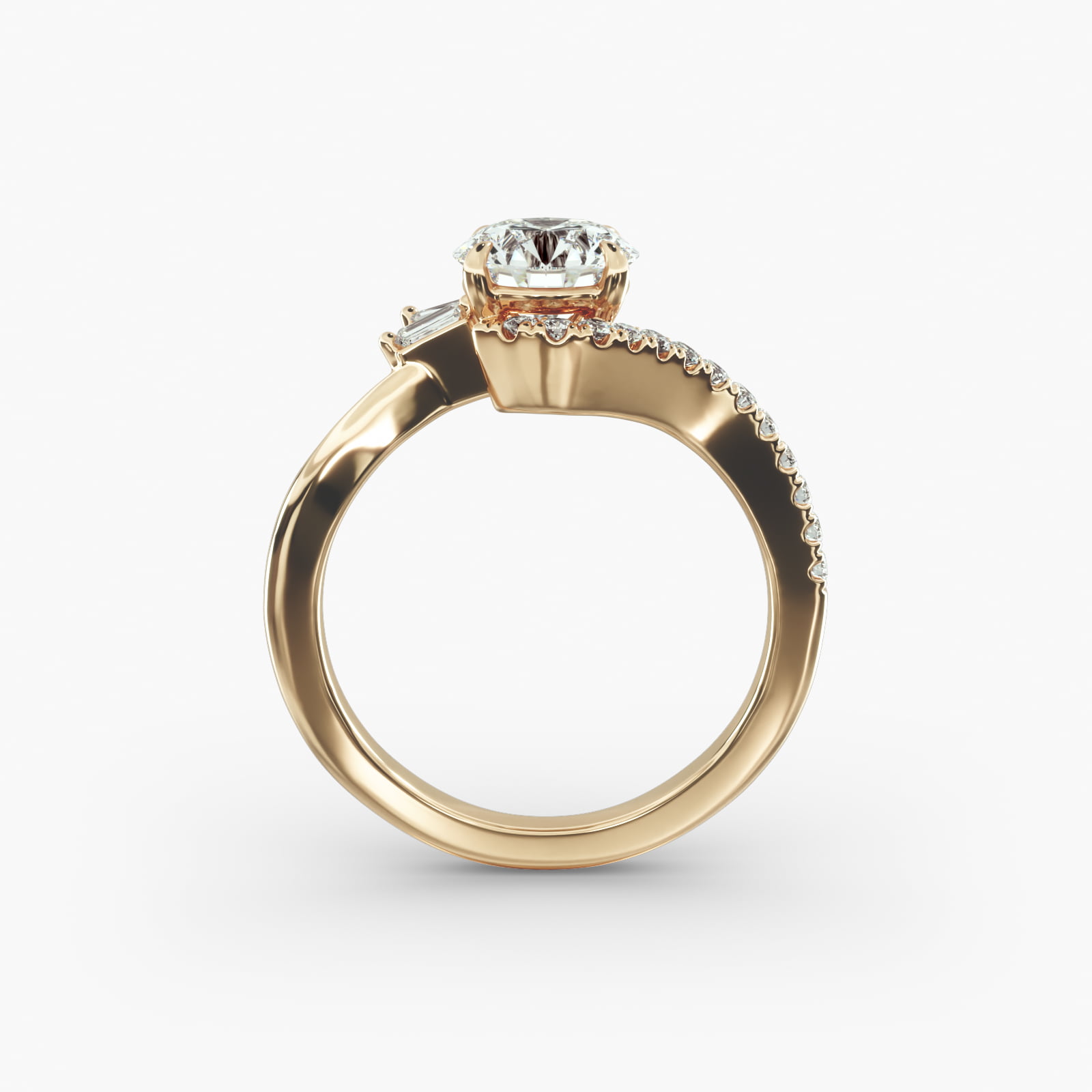 Feathered Diamond Bypass Side Stone Engagement Ring In 18K Yellow Gold