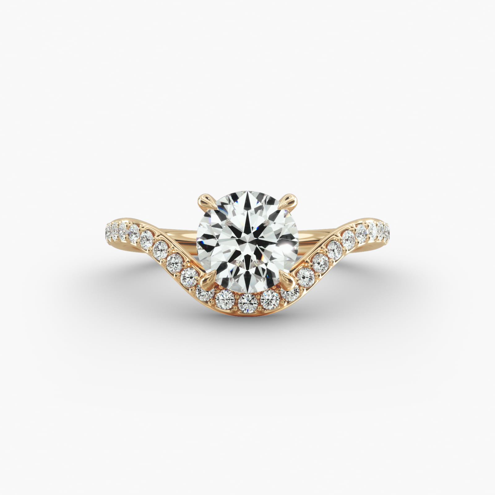 Sculptural Waves Pavé Diamond Engagement Ring in 18K Yellow Gold with Prong Set Round Diamond (2mm)