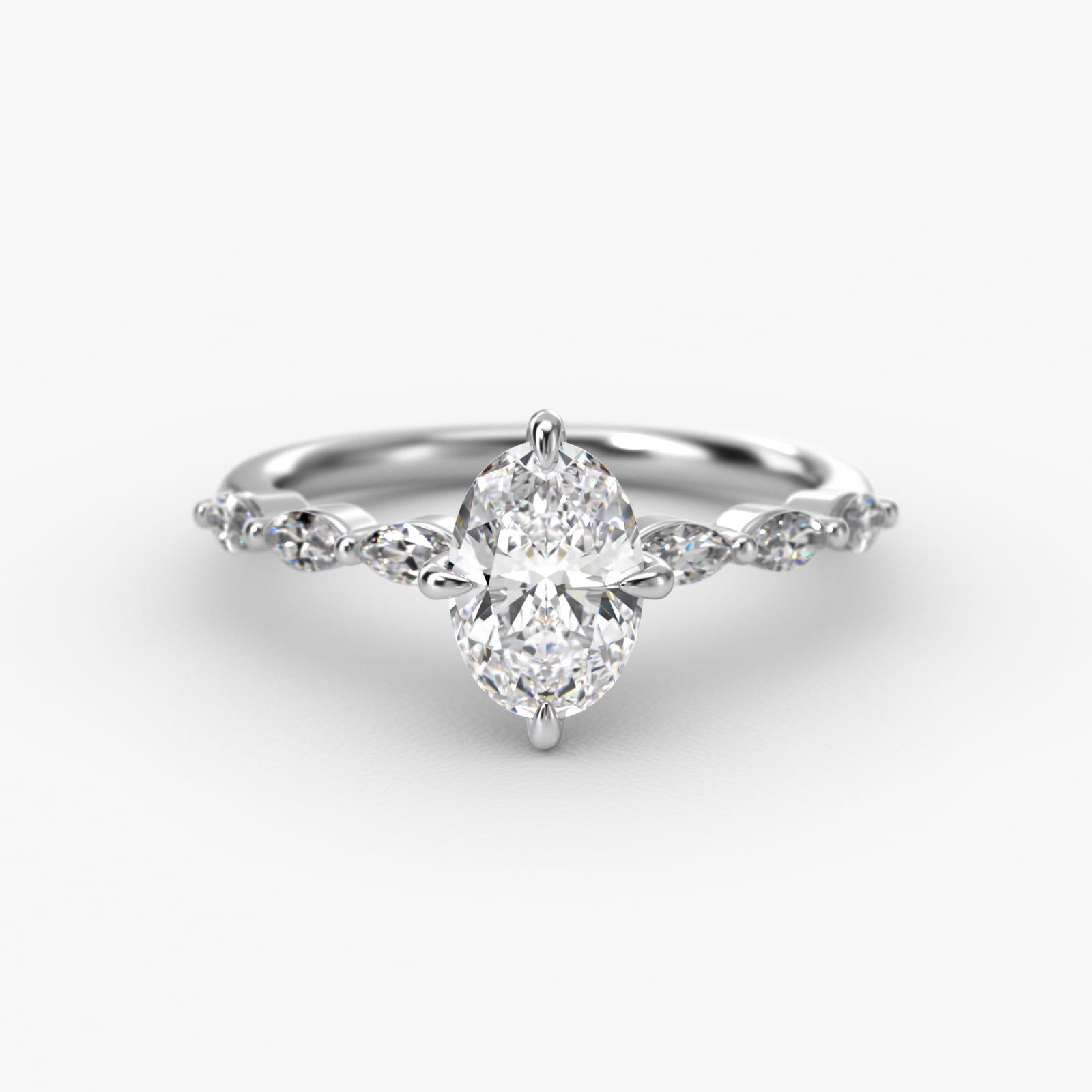 Oval Cut 1 CT Certified Diamond Shared Prong Marquise Cut Sidestone Engagement Ring In 14K White Gold