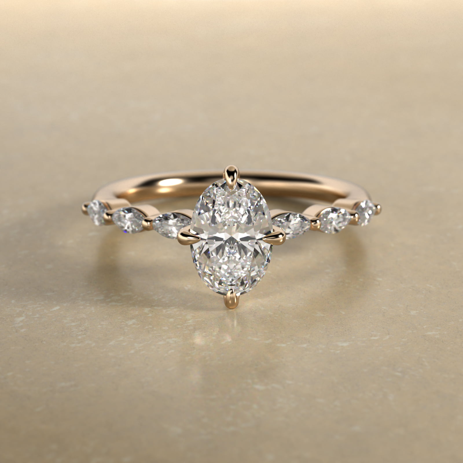 Oval Cut 1 CT Certified Diamond Shared Prong Marquise Cut Sidestone Engagement Ring In 14K Yellow Gold