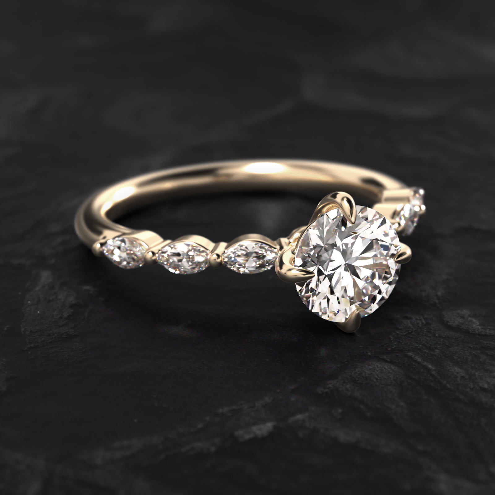 Round 1.5 CT Certified Diamond Shared Prong Marquise Cut Sidestone Engagement Ring In 14K Yellow Gold