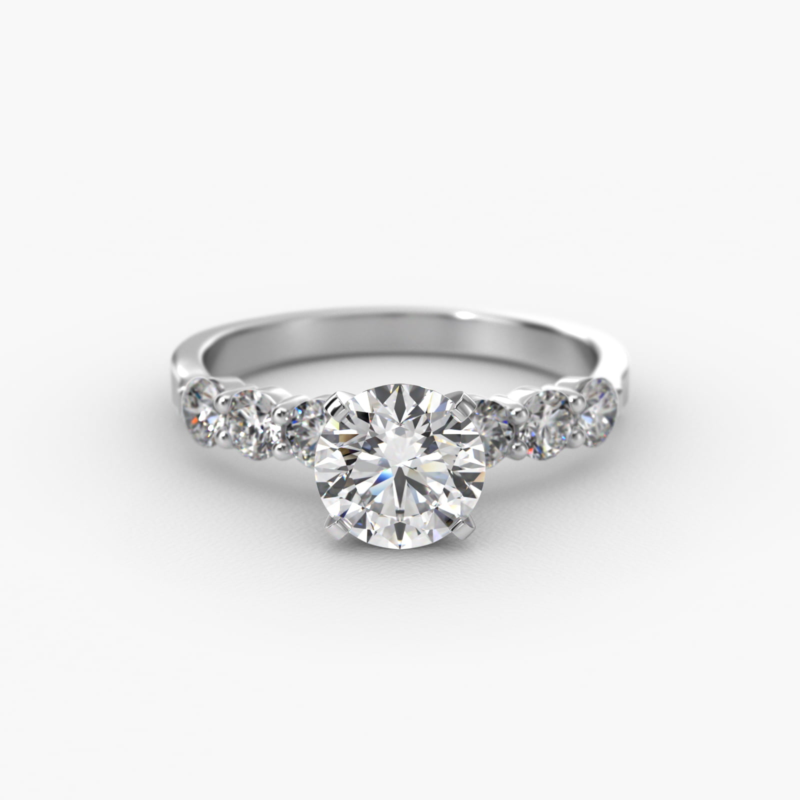 Six Round Side Stone Diamond Common Prong Engagement Ring In 18K White Gold
