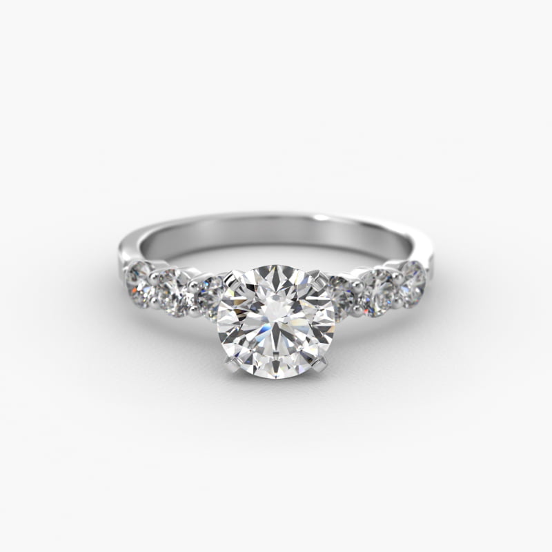 Six Round Side Stone Diamond Common Prong Engagement Ring In 14K White Gold