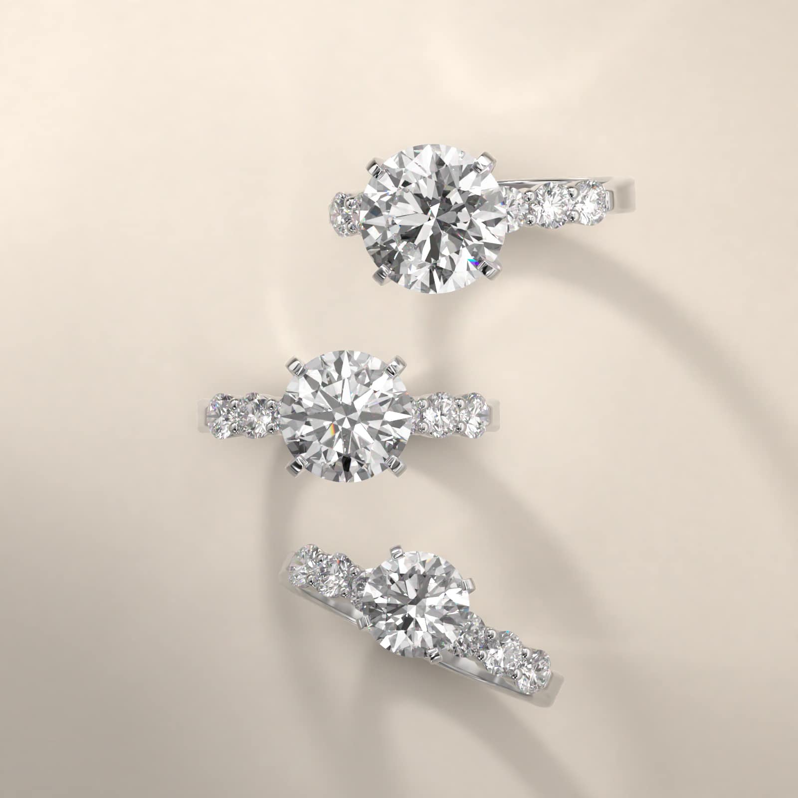 Six Round Side Stone Diamond Common Prong Engagement Ring In 14K White Gold