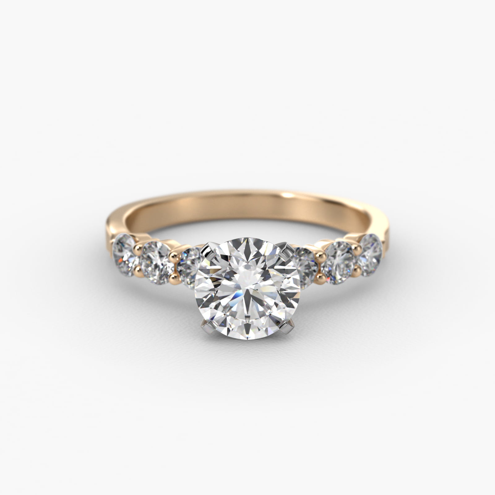 Six Round Side Stone Diamond Common Prong Engagement Ring In 18K Yellow Gold