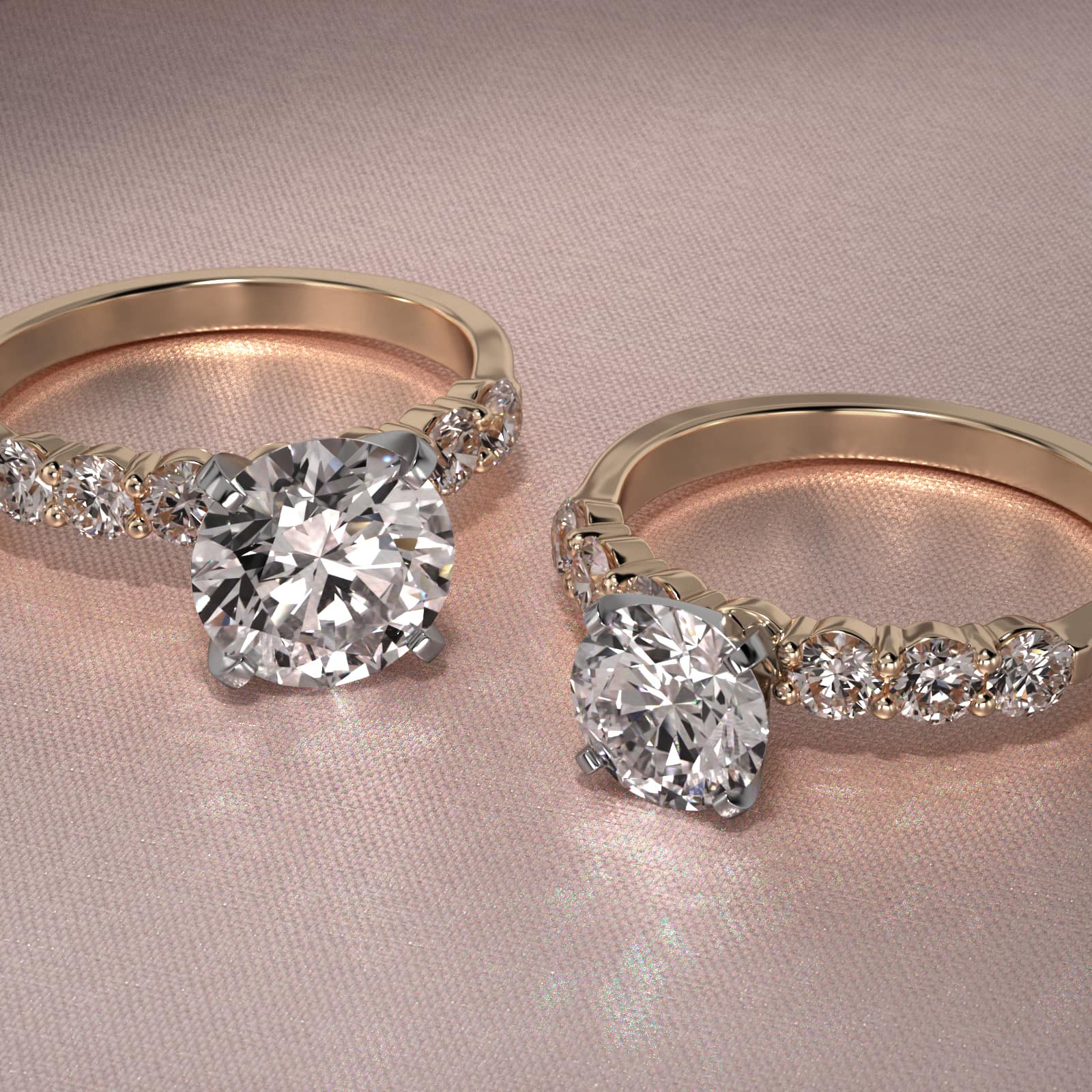 Six Round Side Stone Diamond Common Prong Engagement Ring In 18K Yellow Gold