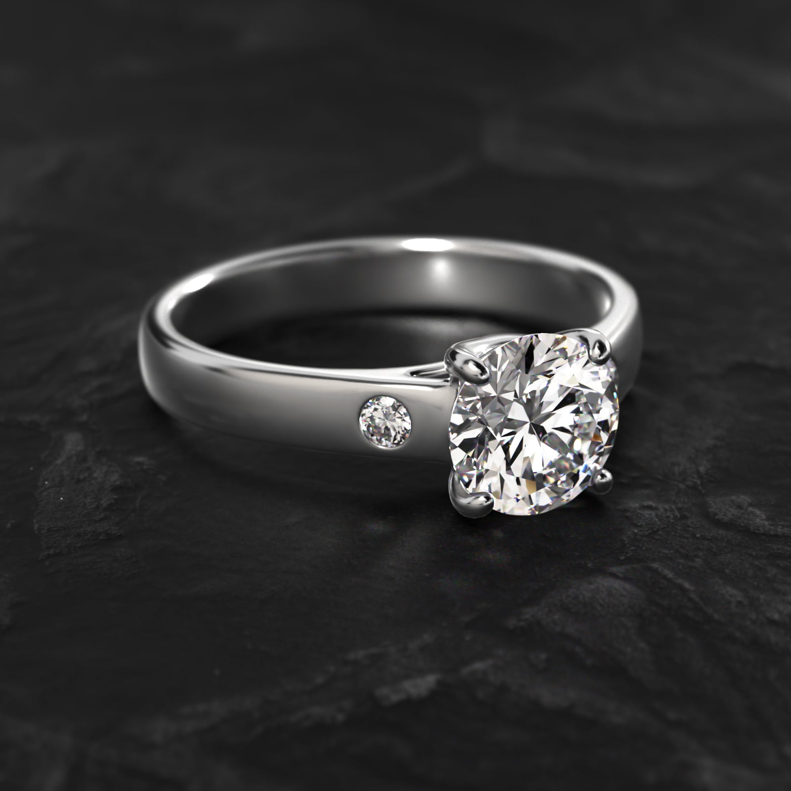 Cross Prong Solitaire Engagement Ring With Diamond Accent In 14K White Gold
