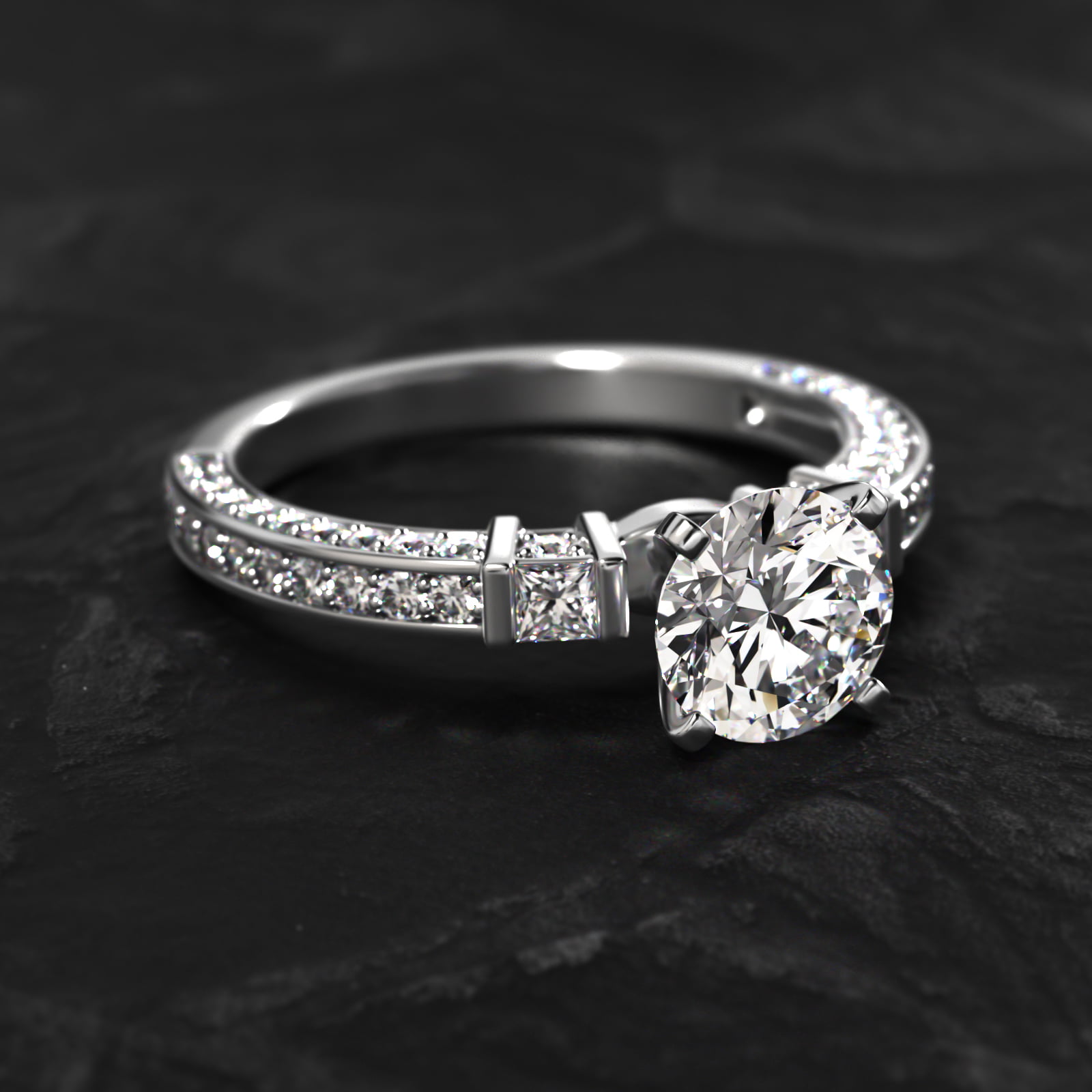 14K White Gold Bar Set and Three Sided Pavé Diamond Engagement Ring