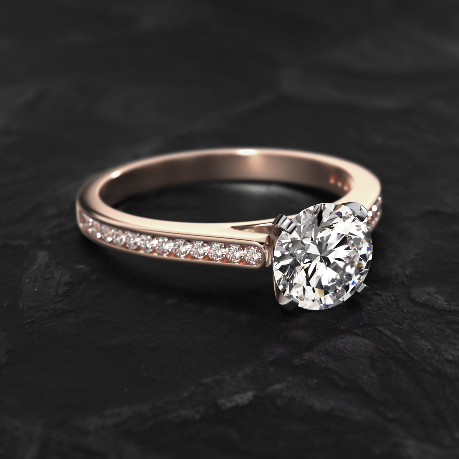 Thin Engagement Ring With Channel Set Round Diamonds In 14K Rose Gold