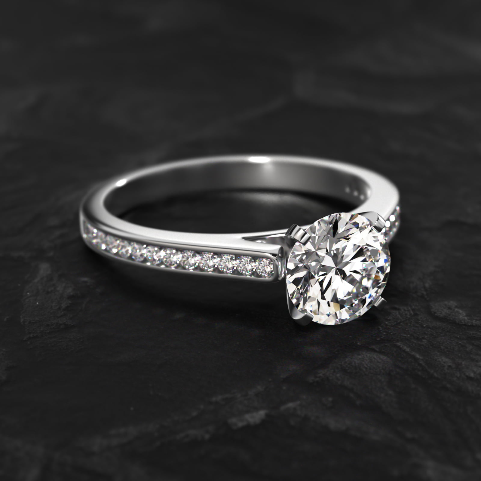 Thin Engagement Ring With Channel Set Round Diamonds In 18K White Gold