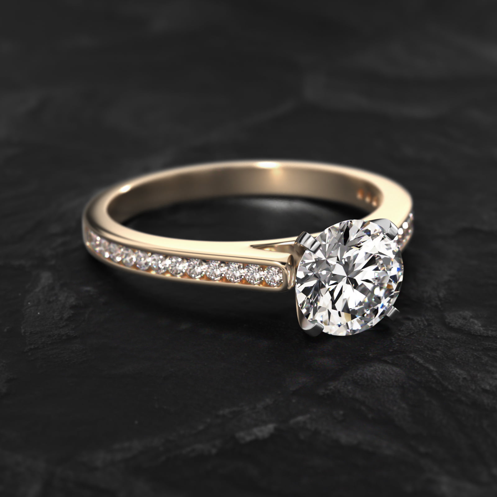 Thin Engagement Ring With Channel Set Round Diamonds In 14K Yellow Gold