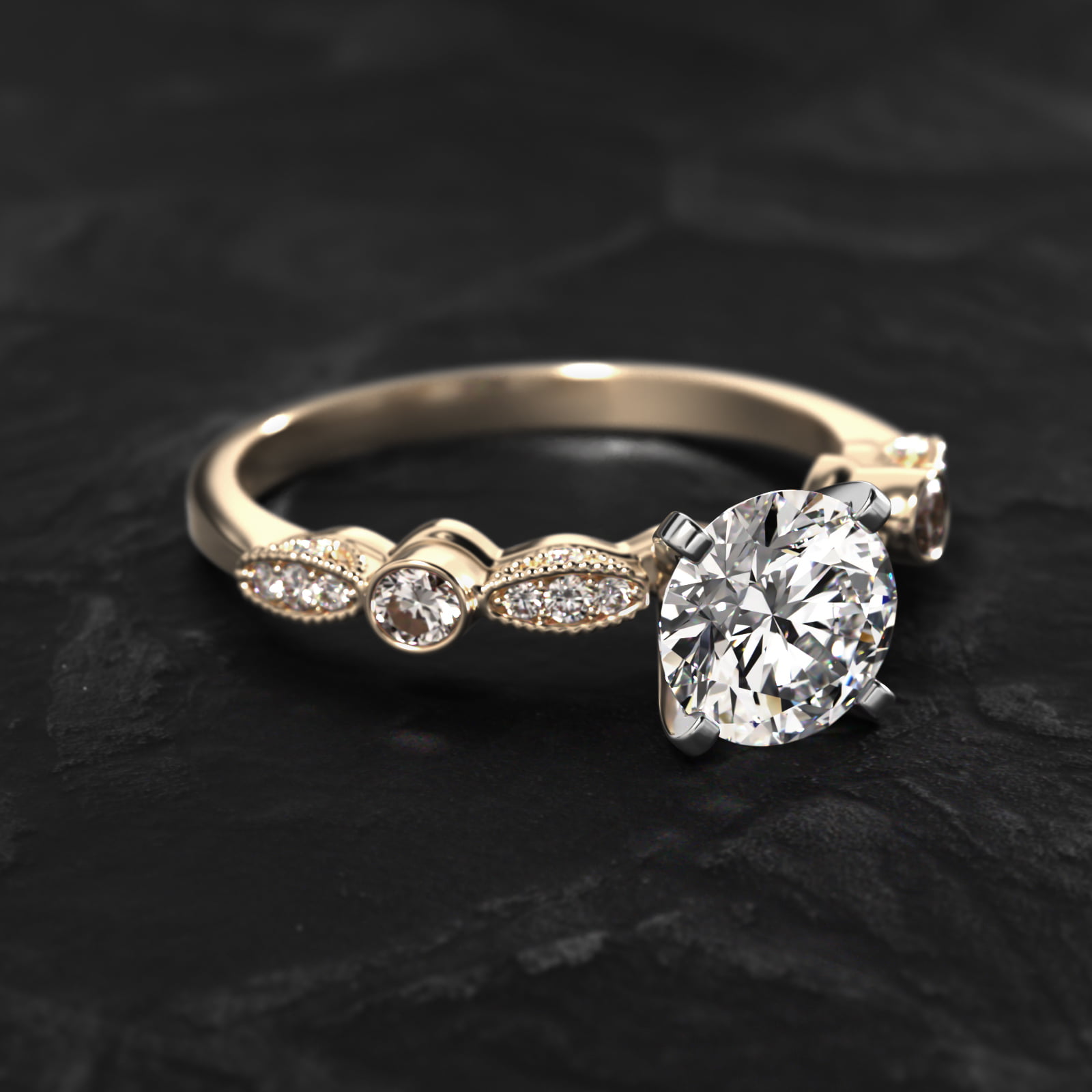 Bezel And Pavé Set Vintage-Style Engagement Ring In 14K Yellow Gold