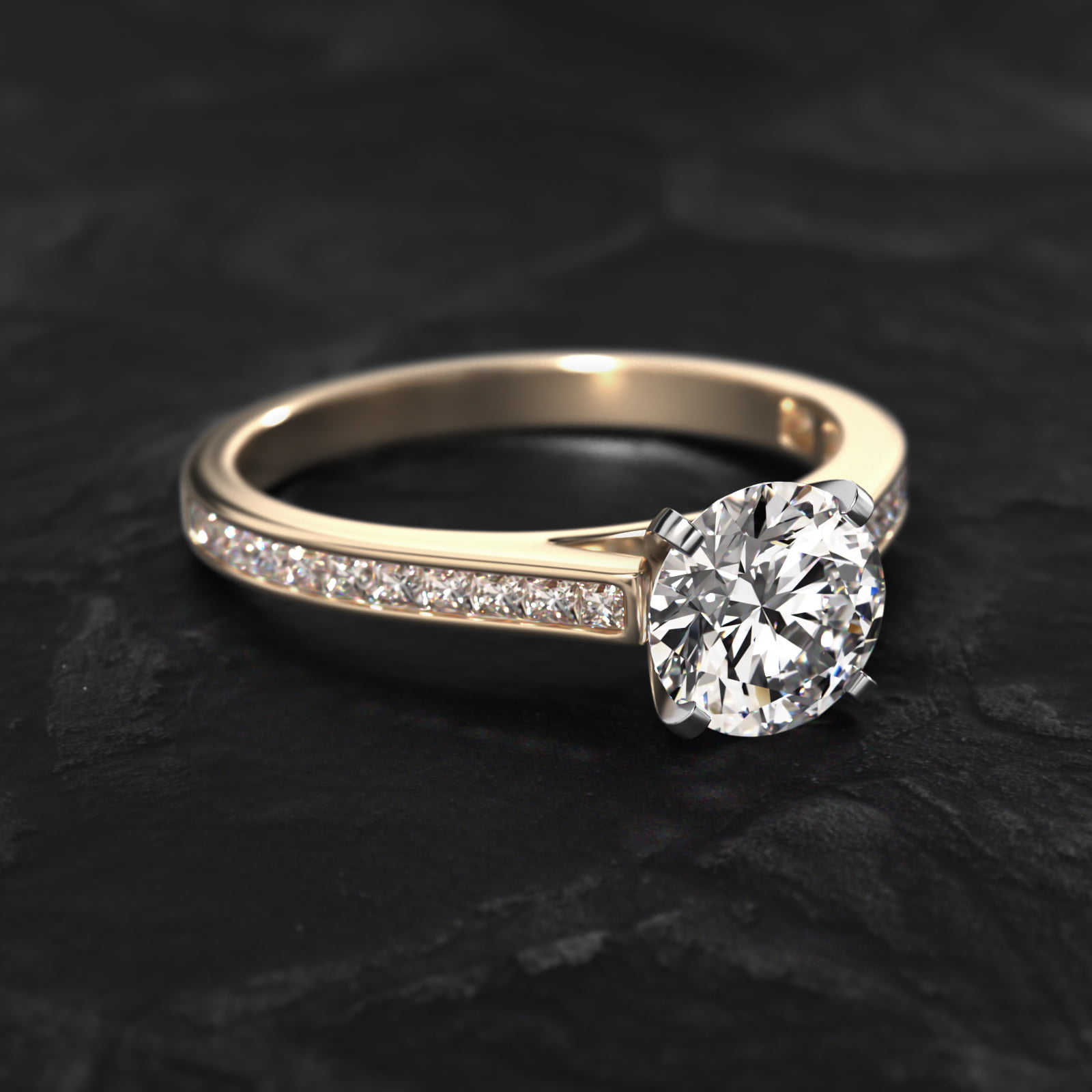 14K Yellow Gold Thin Channel Set Princess Shaped Diamond Engagement Ring