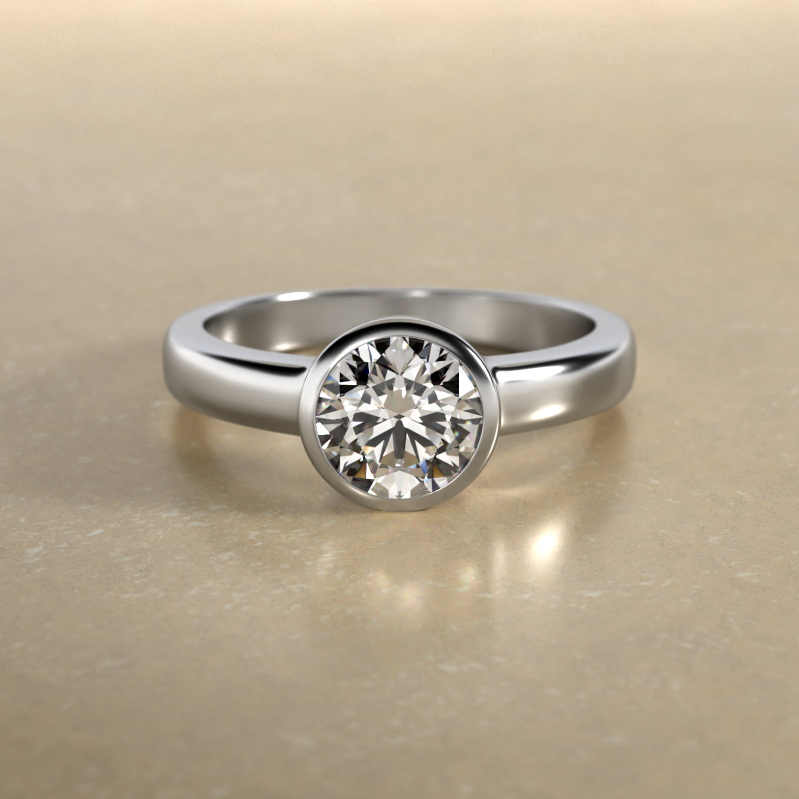 Bezel Set Round Solitaire Engagement Ring In 14K White Gold