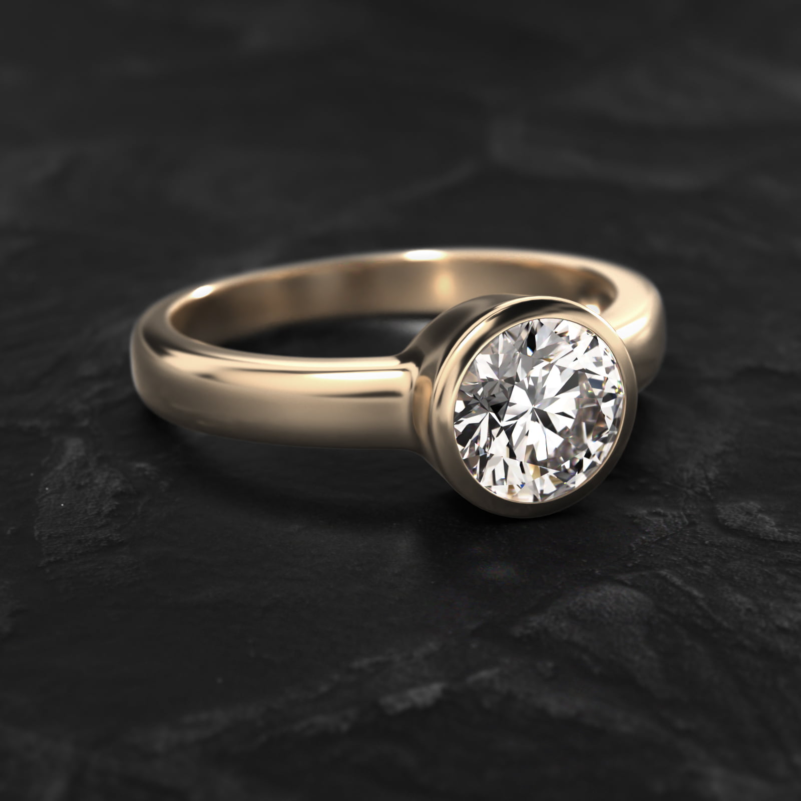 Bezel Set Round Solitaire Engagement Ring In 14K Yellow Gold