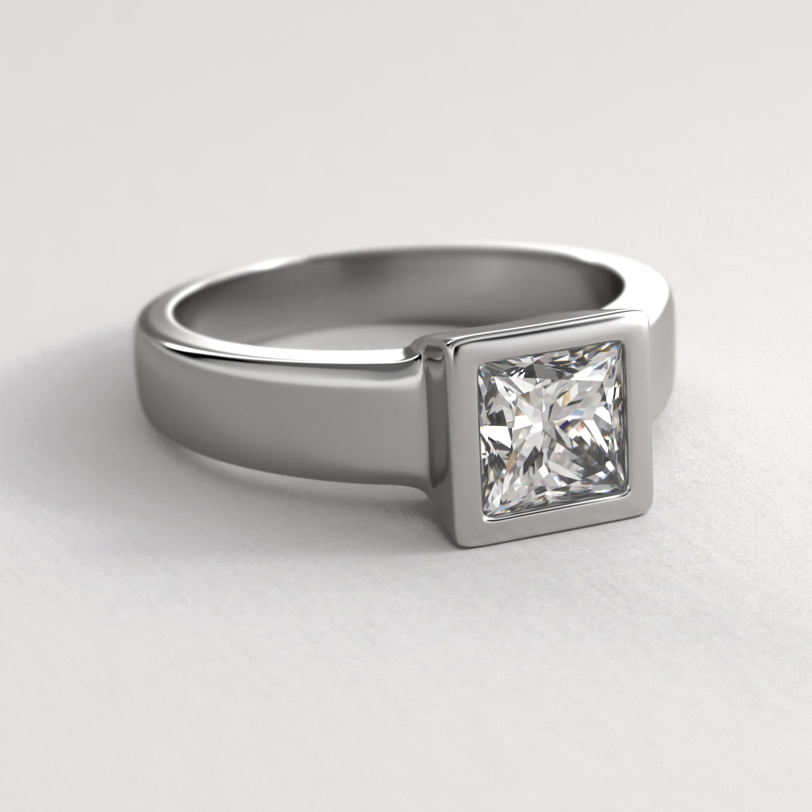 Bezel Set Princess Cut Solitaire Engagement Ring In 14K White Gold