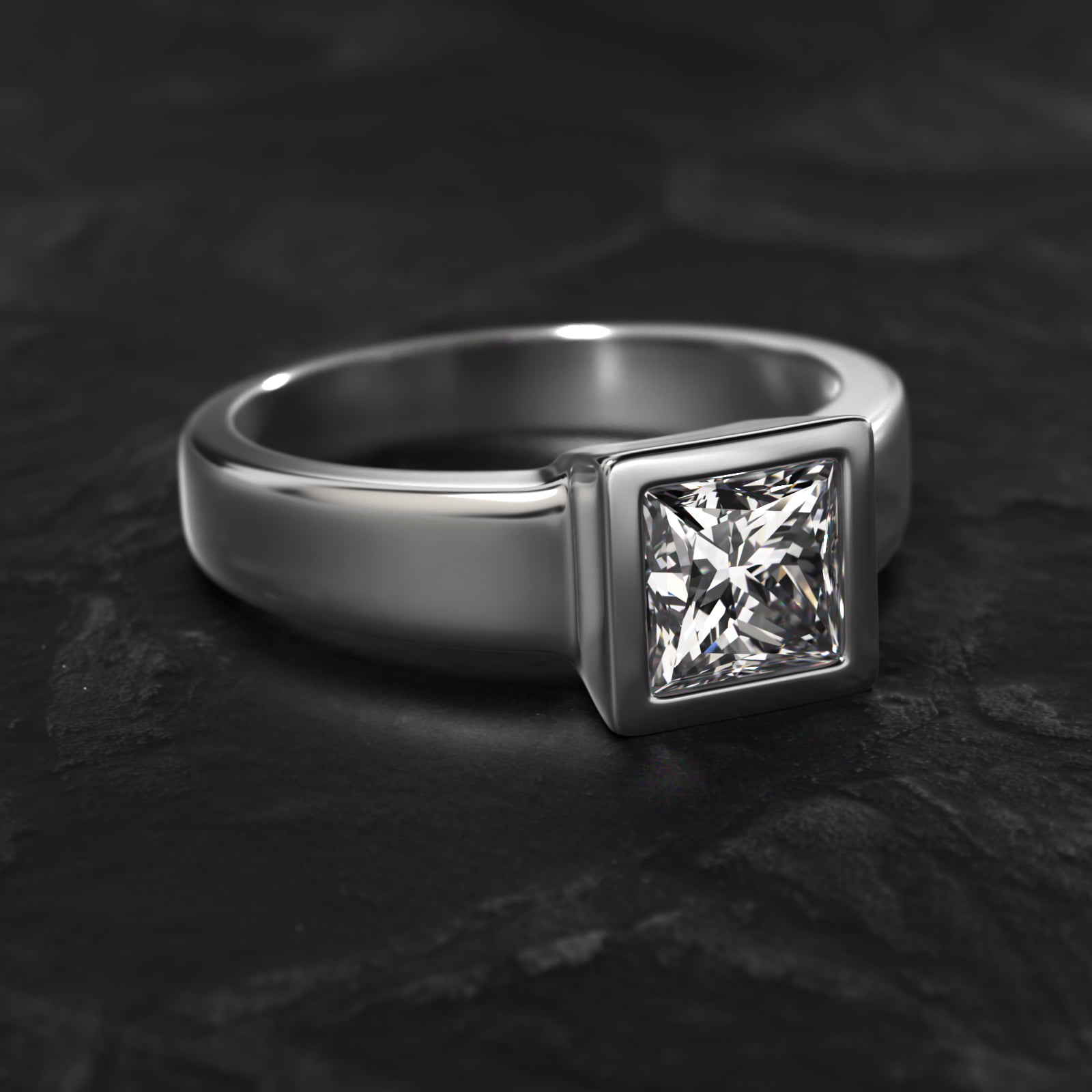 Bezel Set Princess Cut Solitaire Engagement Ring In 18K White Gold