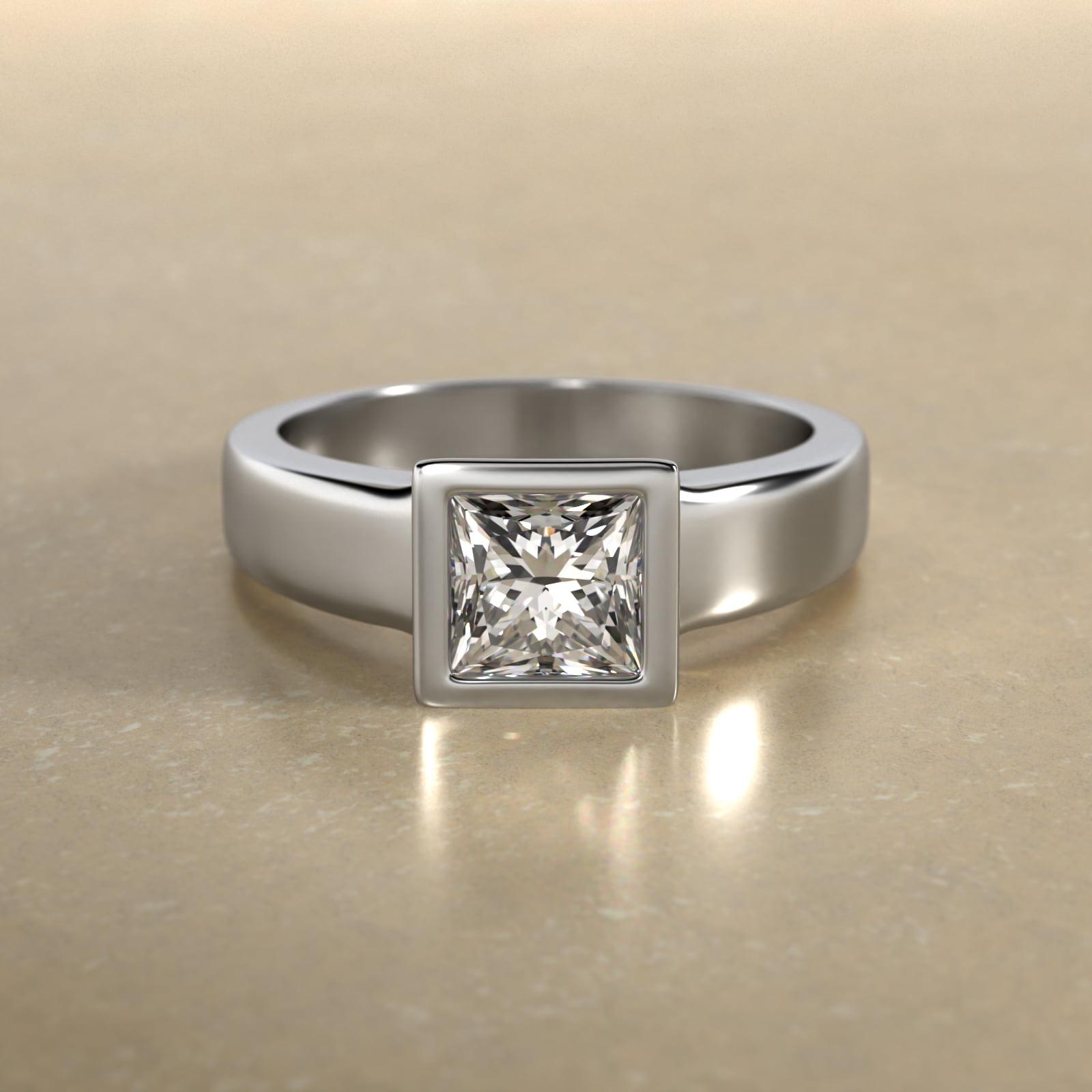 Bezel Set Princess Cut Solitaire Engagement Ring In Platinum