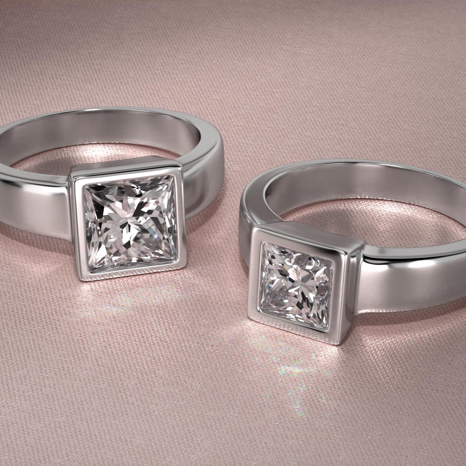 Bezel Set Princess Cut Solitaire Engagement Ring In 18K White Gold