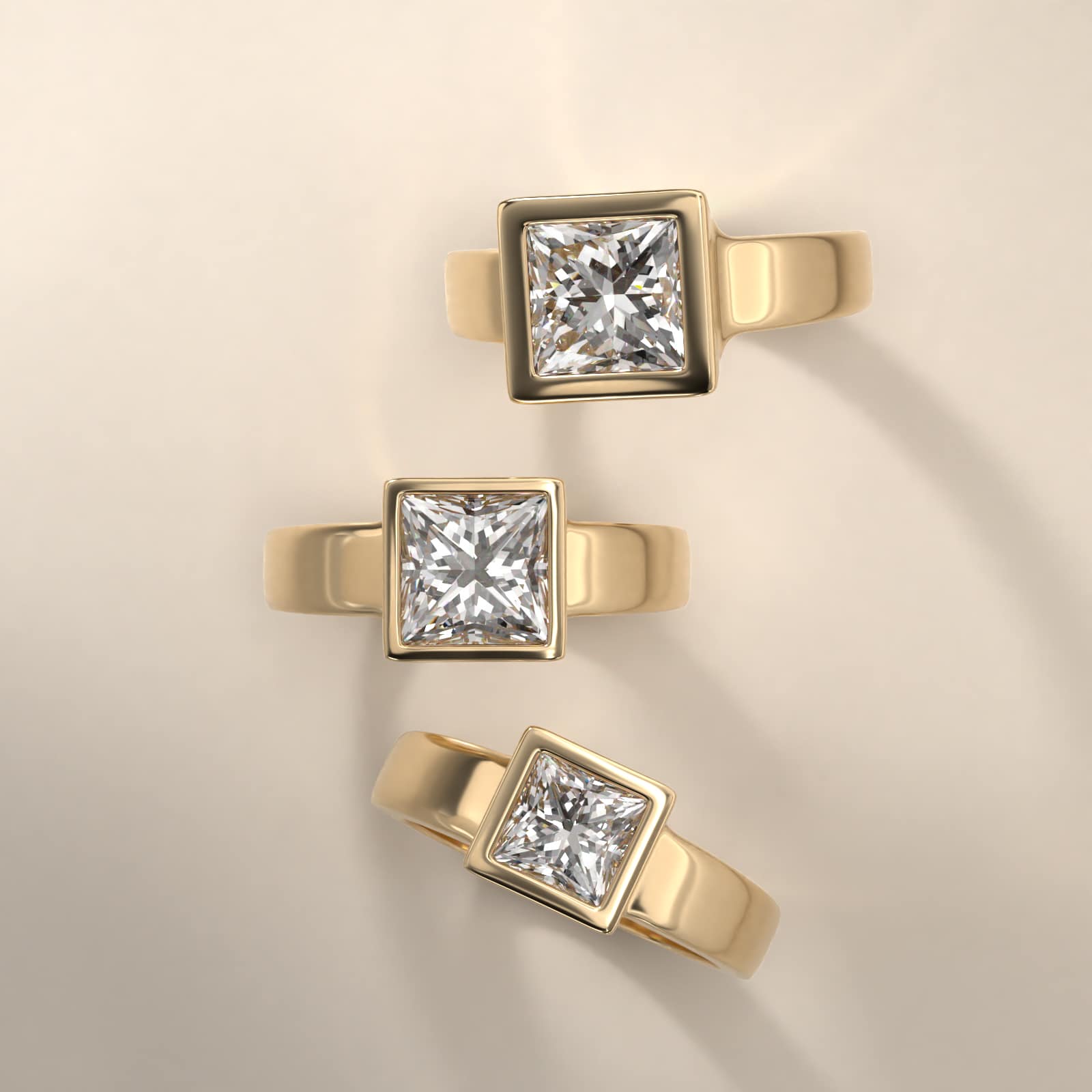 Bezel Set Princess Cut Solitaire Engagement Ring In 14K Yellow Gold