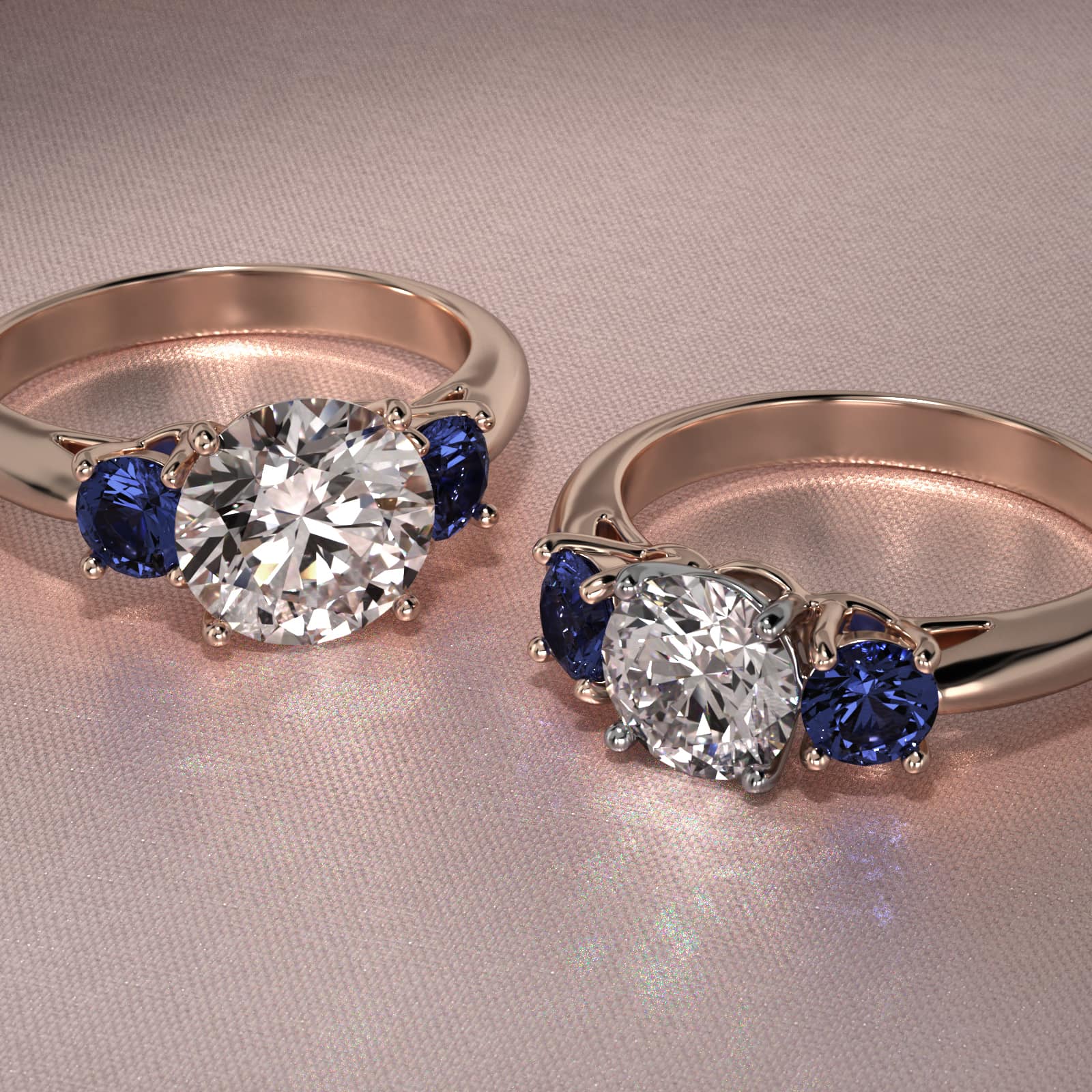 Round Blue Sapphire Three Stone Engagement Ring In 14K Rose Gold