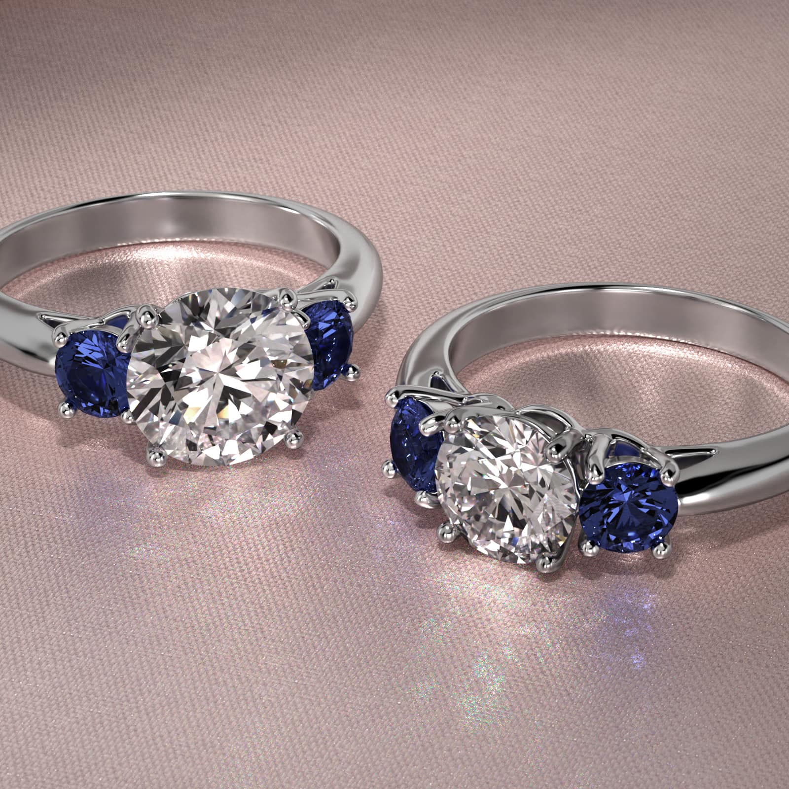 Round Blue Sapphire Three Stone Engagement Ring In Platinum