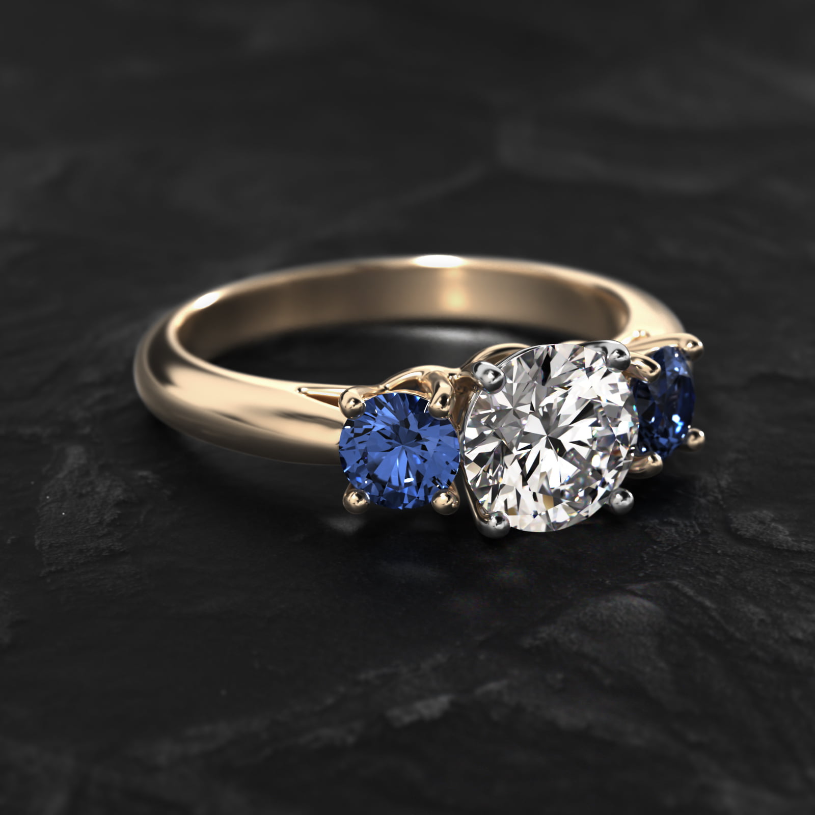 Round Blue Sapphire Three Stone Engagement Ring In 14K Yellow Gold