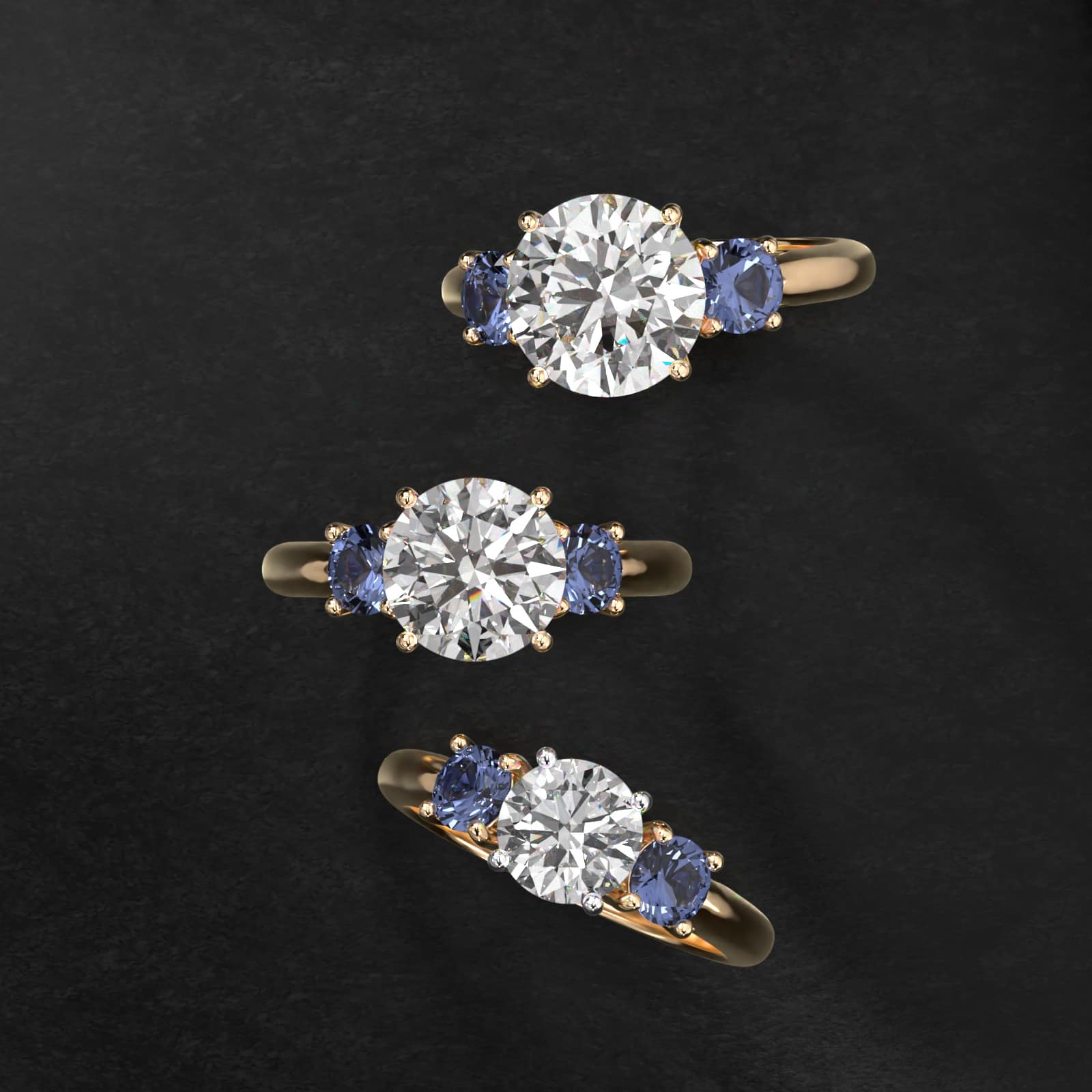 Round Blue Sapphire Three Stone Engagement Ring In 18K Yellow Gold