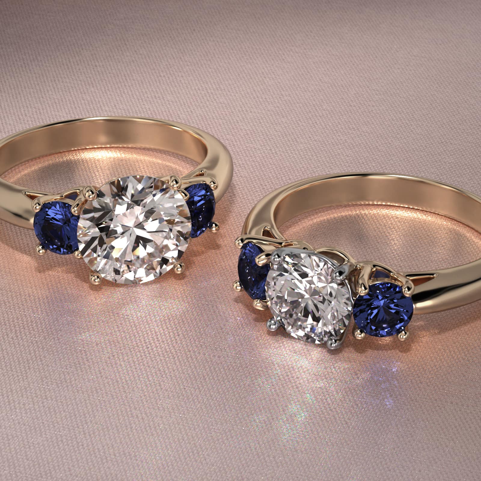 Round Blue Sapphire Three Stone Engagement Ring In 14K Yellow Gold