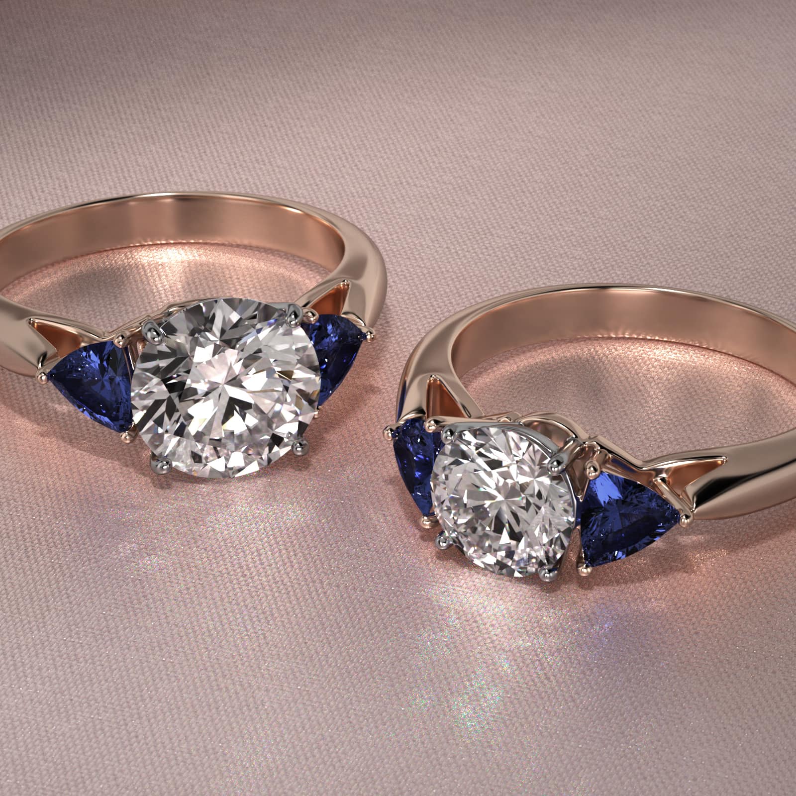 Trillion Cut Blue Sapphire Three Stone Engagement Ring In 14K Rose Gold