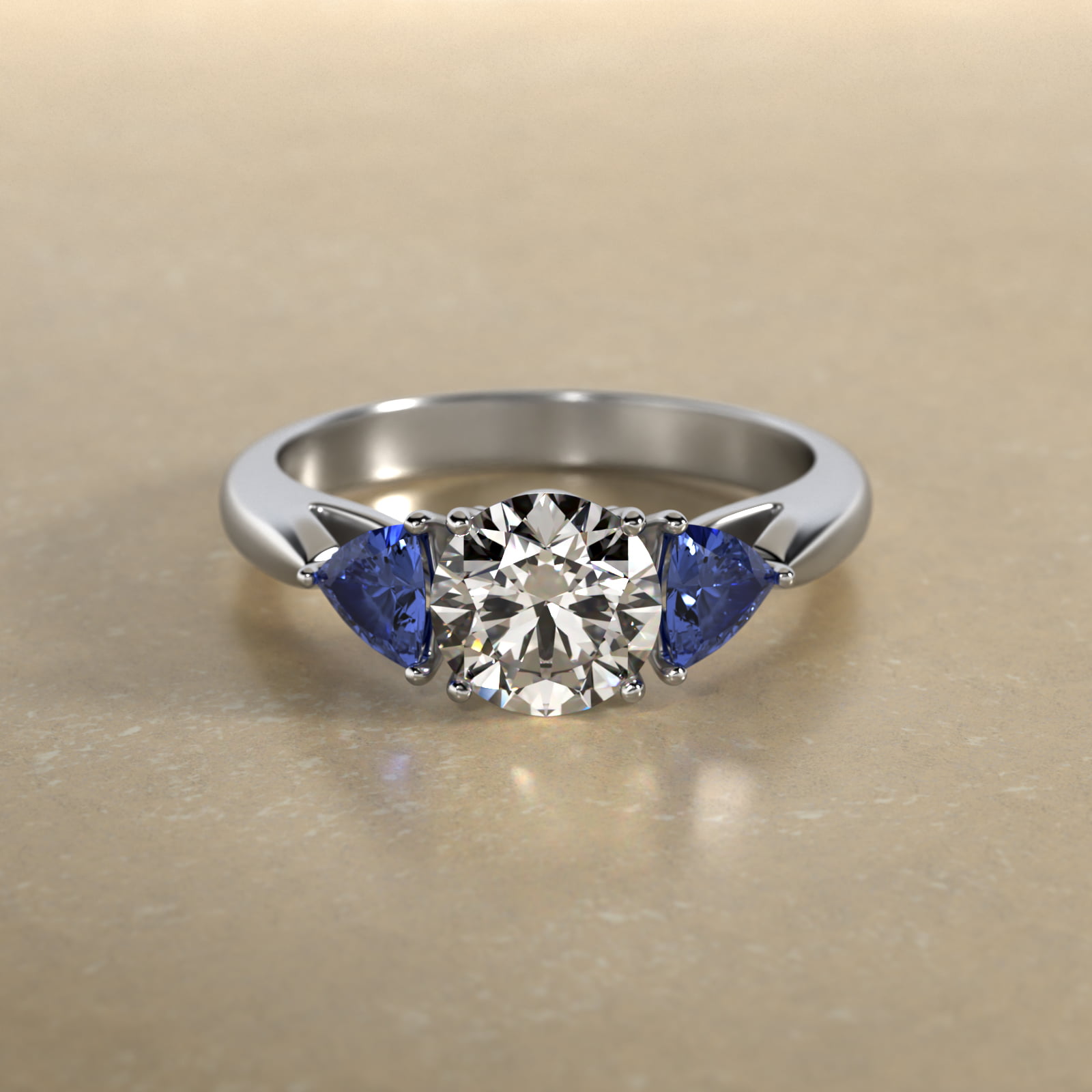 Trillion Cut Blue Sapphire Three Stone Engagement Ring In 18K White Gold