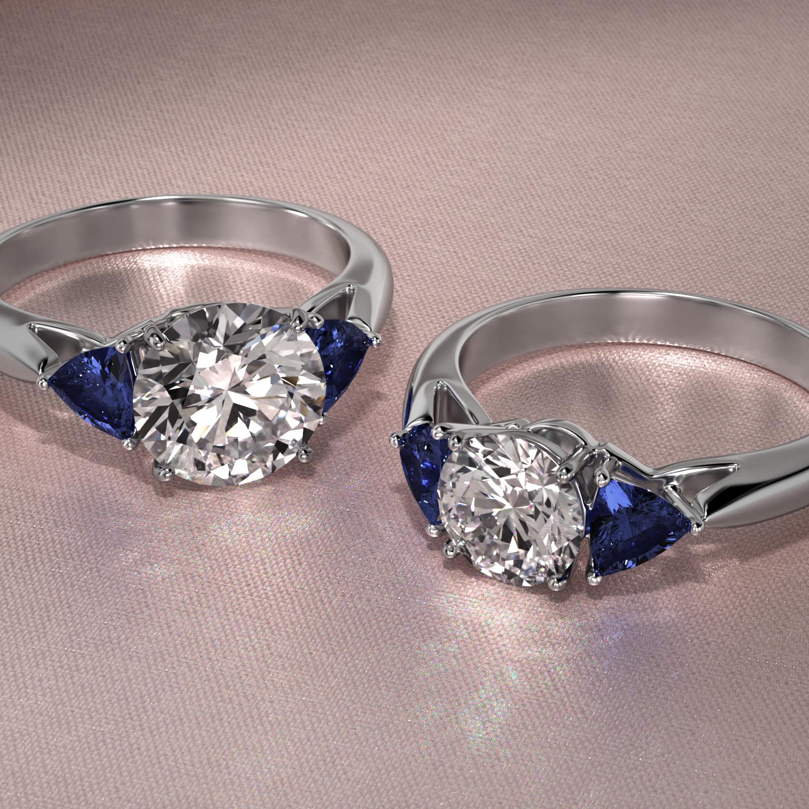 Trillion Cut Blue Sapphire Three Stone Engagement Ring In 18K White Gold