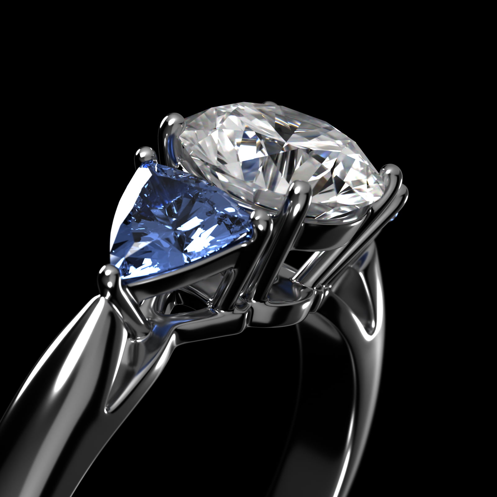 Trillion Cut Blue Sapphire Three Stone Engagement Ring In 14K White Gold