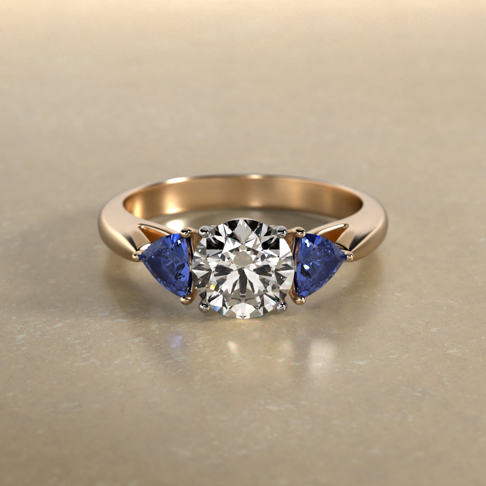 Trillion Cut Blue Sapphire Three Stone Engagement Ring In 18K Yellow Gold