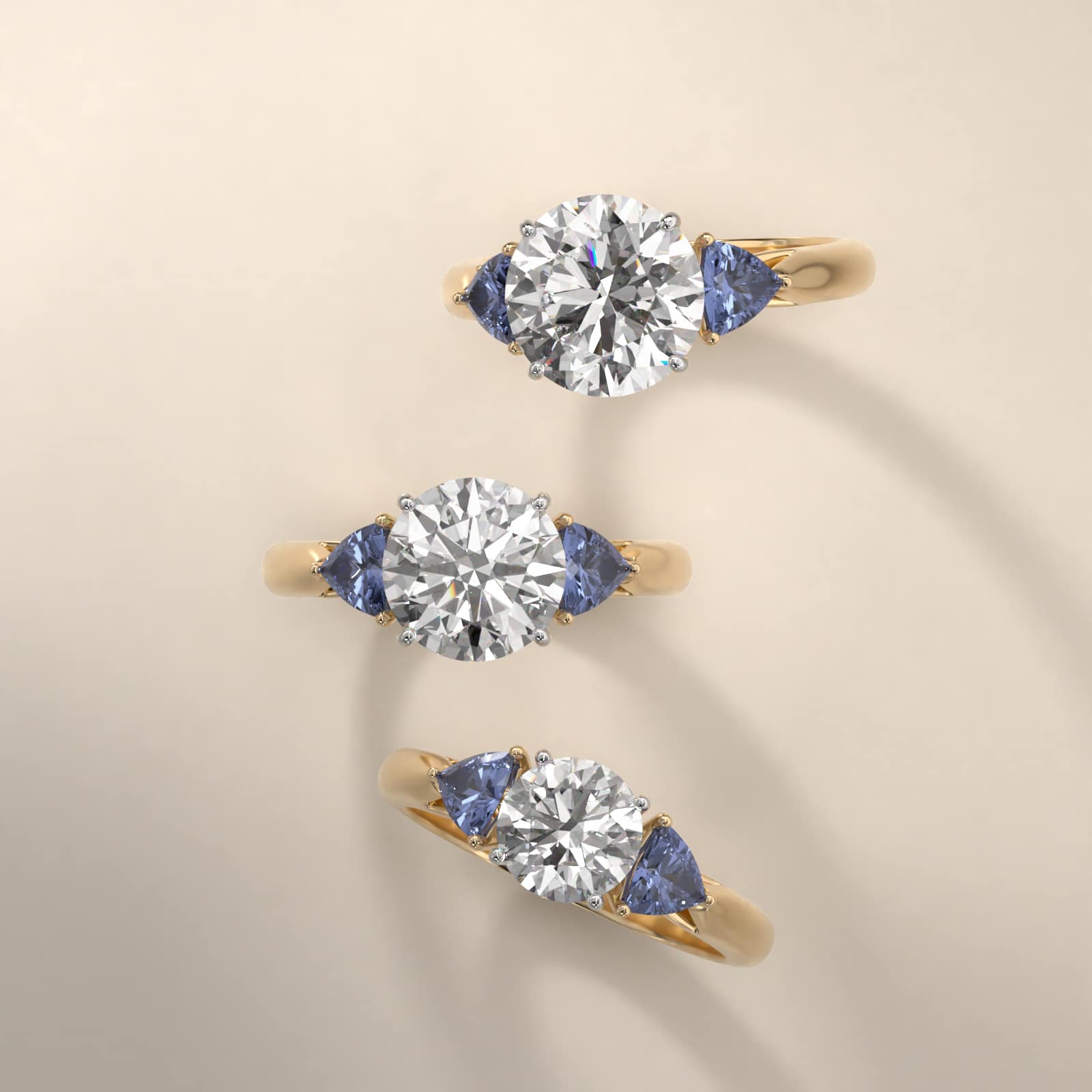 Trillion Cut Blue Sapphire Three Stone Engagement Ring In 14K Yellow Gold