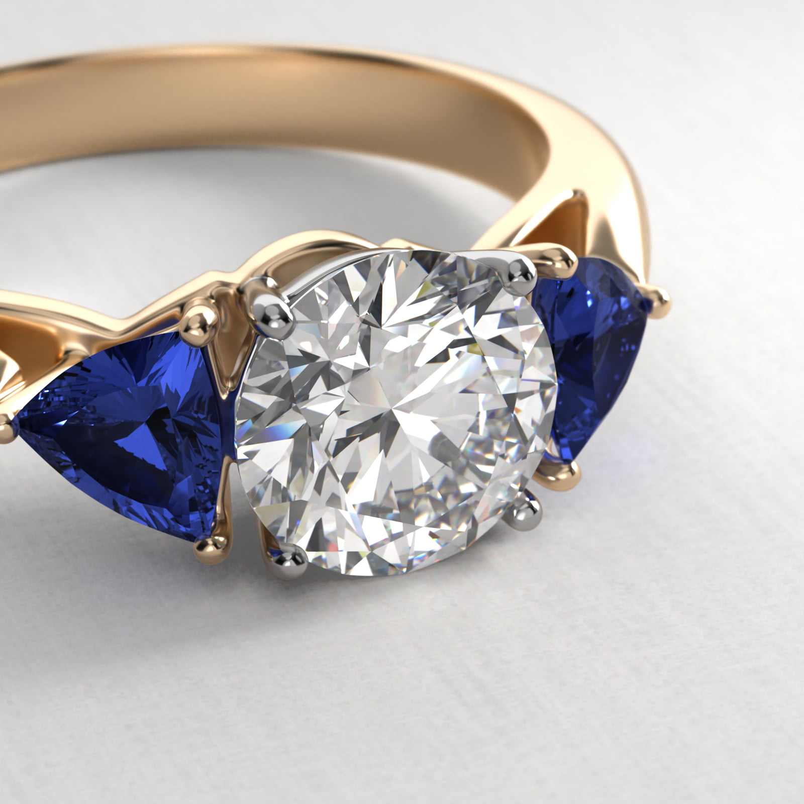 Trillion Cut Blue Sapphire Three Stone Engagement Ring In 14K Yellow Gold