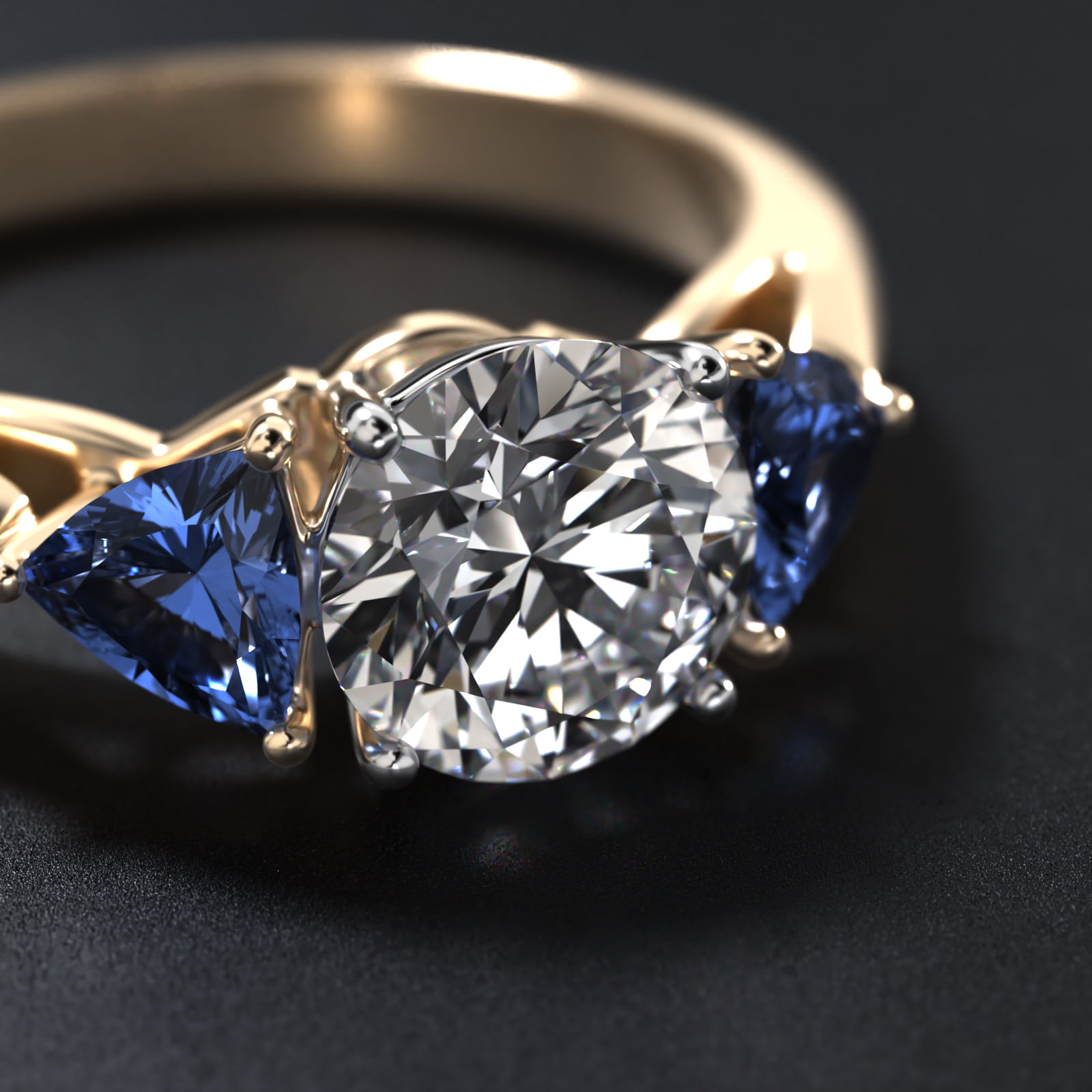 Trillion Cut Blue Sapphire Three Stone Engagement Ring In 18K Yellow Gold