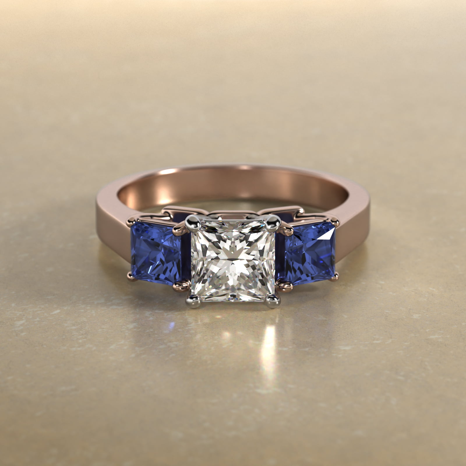 Princess Cut Blue Sapphire Three Stone Engagement Ring In 14K Rose Gold