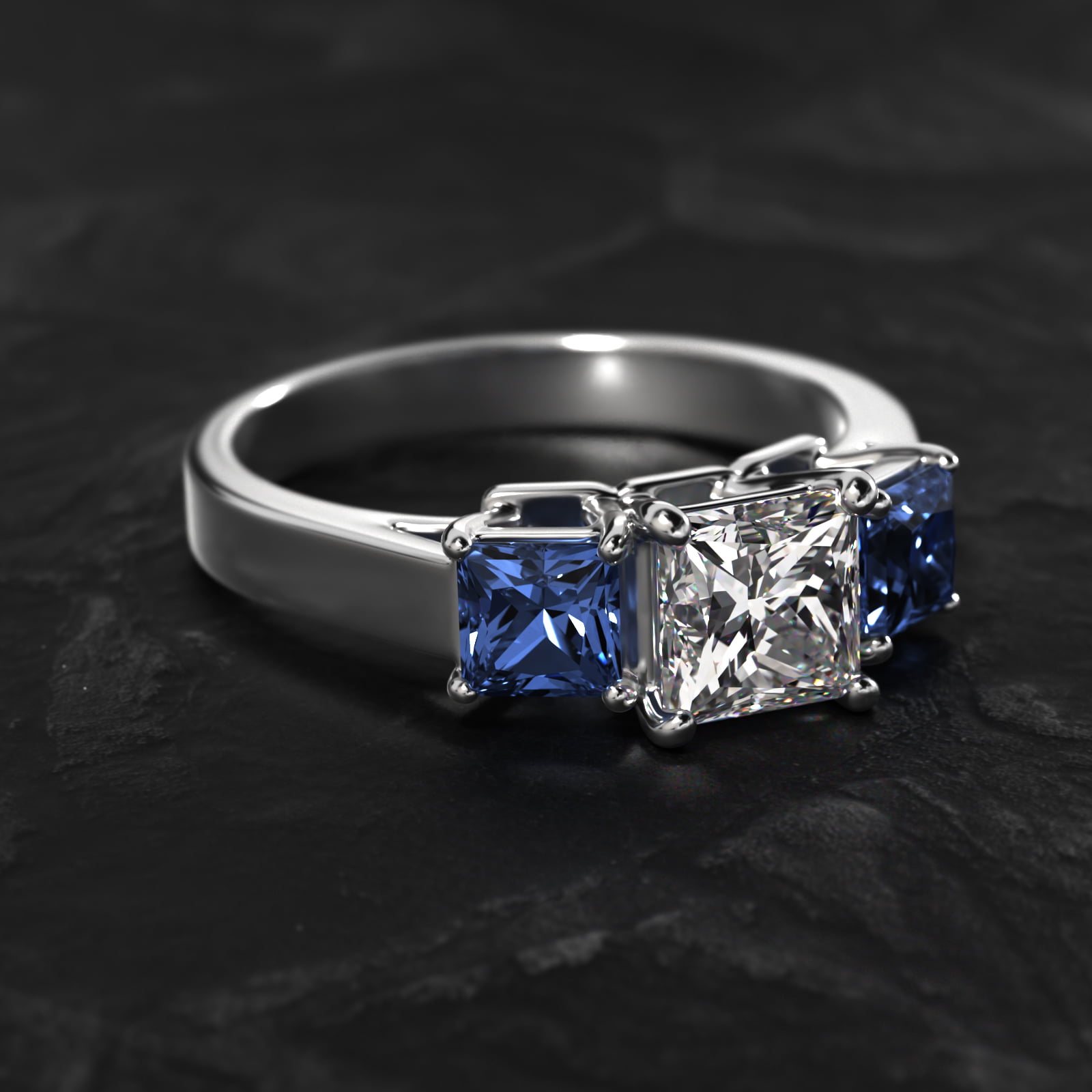 Princess Cut Blue Sapphire Three Stone Engagement Ring In 14K White Gold