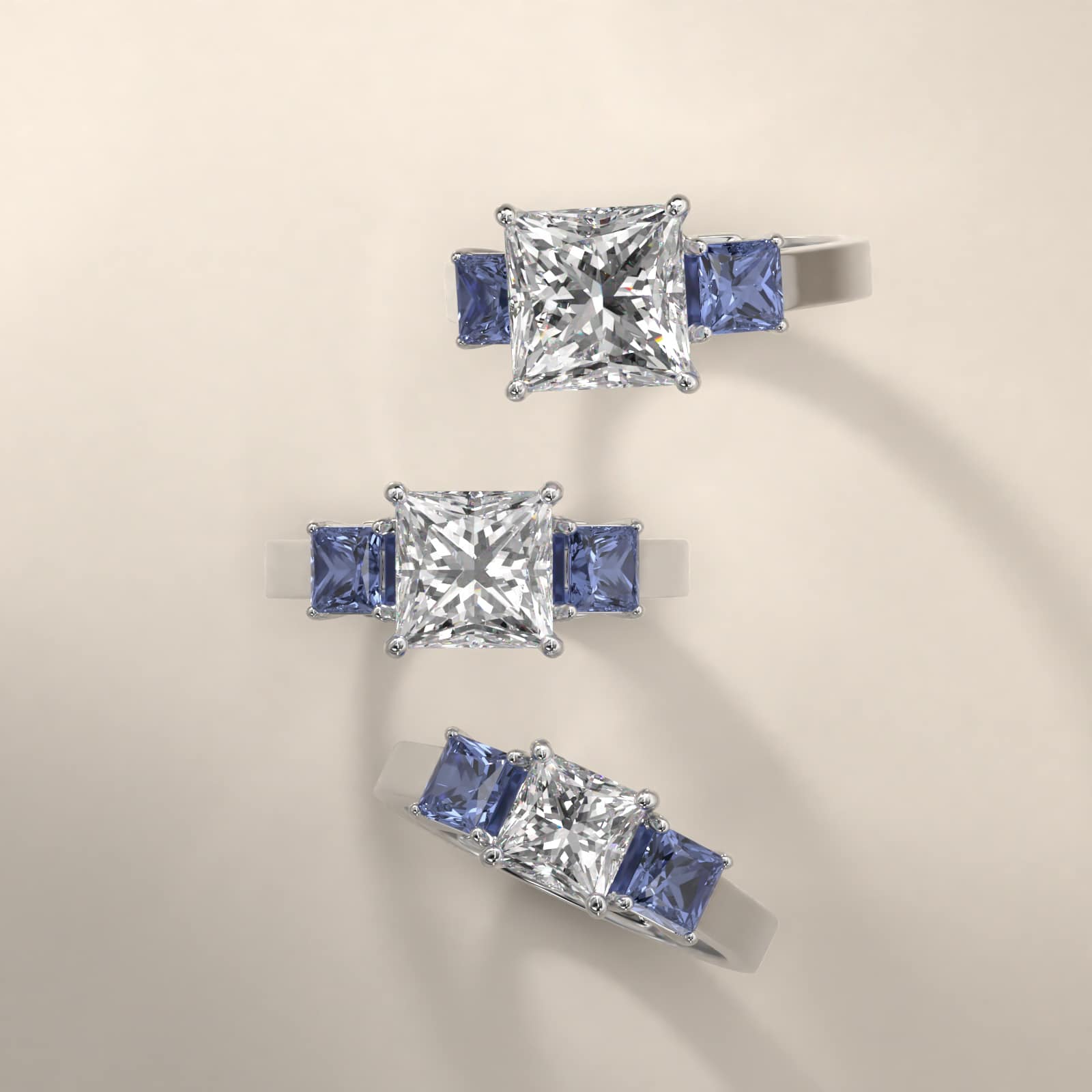 Princess Cut Blue Sapphire Three Stone Engagement Ring In 14K White Gold